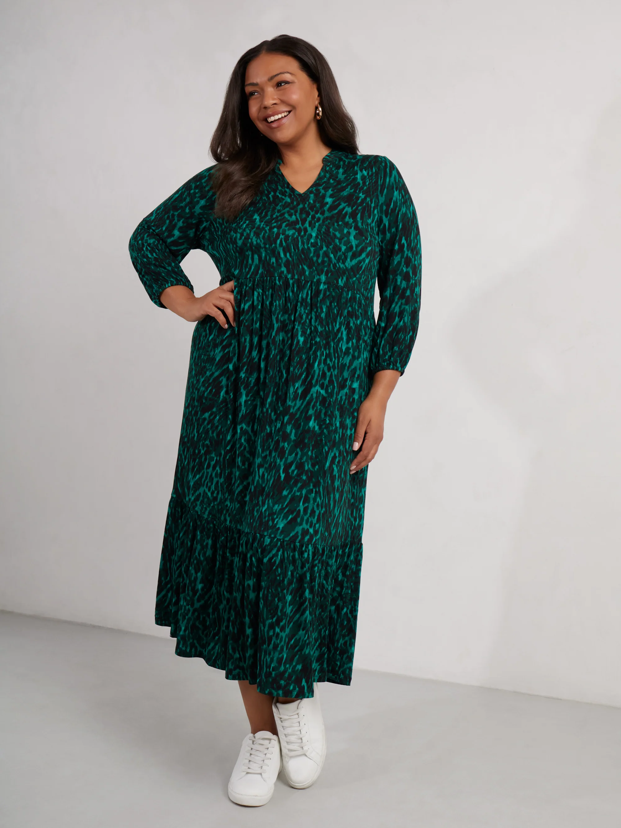 Petite Green Leopard Jersey Nehru Collar Midi Dress - Image 4