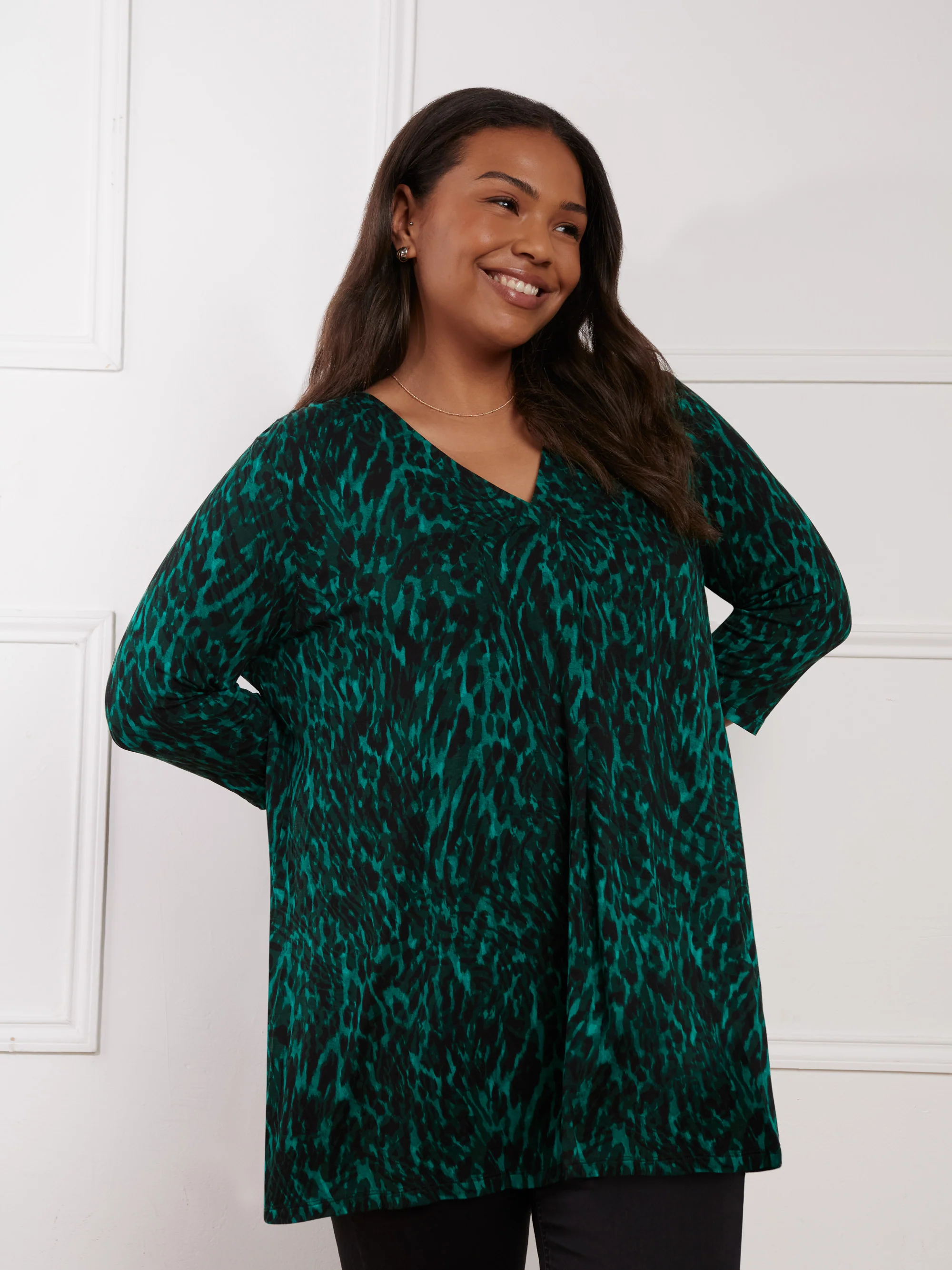 Green Leopard Jersey Pleat Front Tunic - Image 2