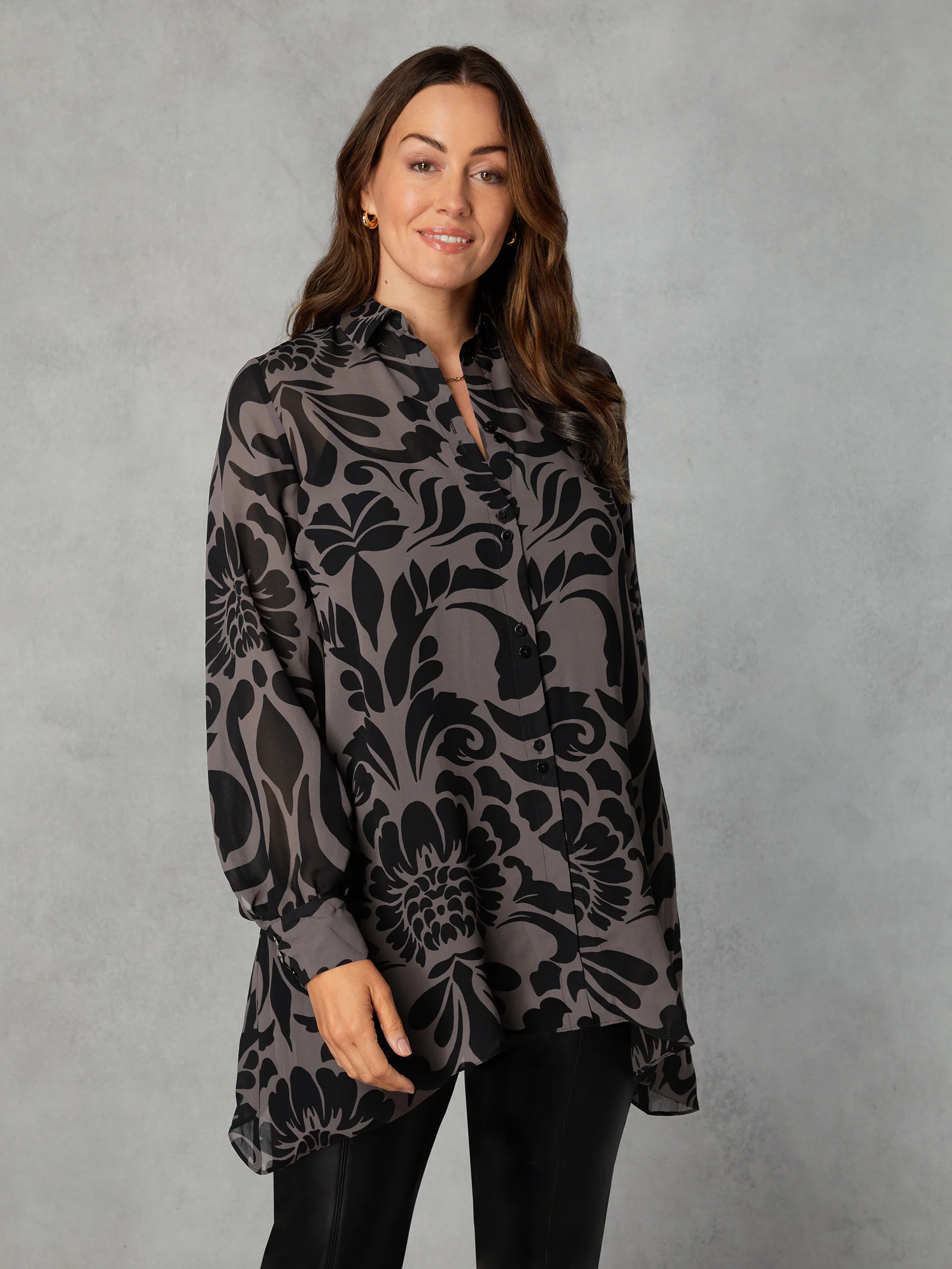 Petite Grey Floral Print Button Through Hanky Hem Shirt - Image 2