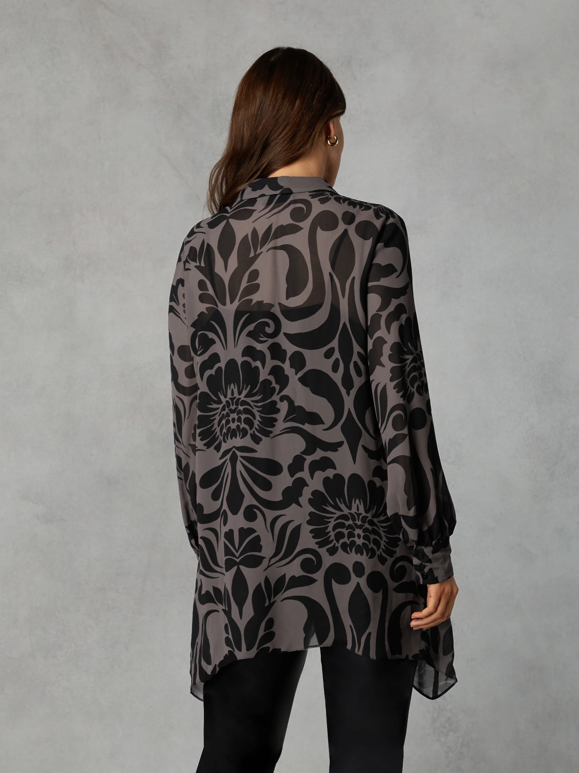 Petite Grey Floral Print Button Through Hanky Hem Shirt - Image 3