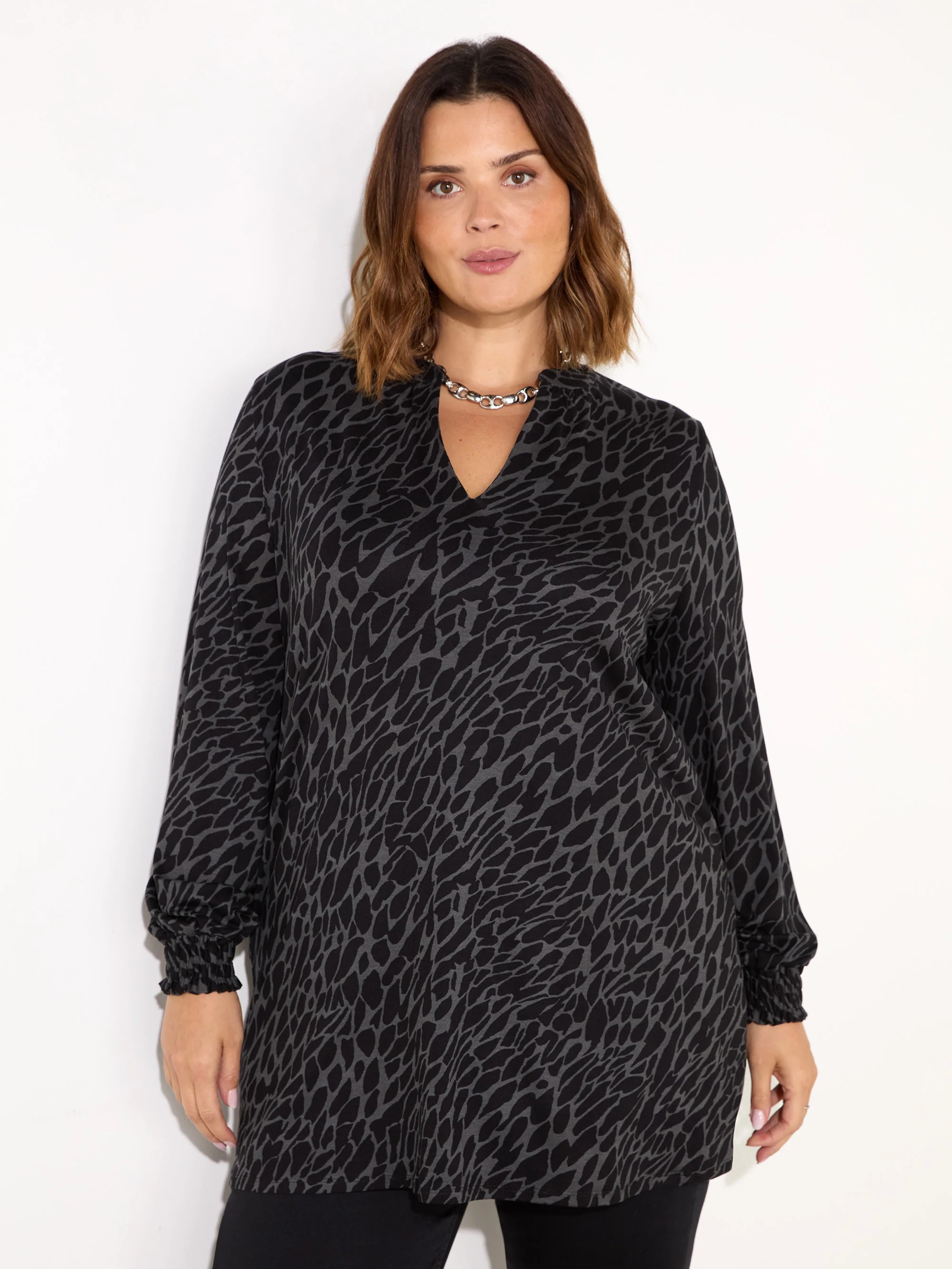 Petite Grey Snake Print Jersey Nehru Collar Tunic - Image 2