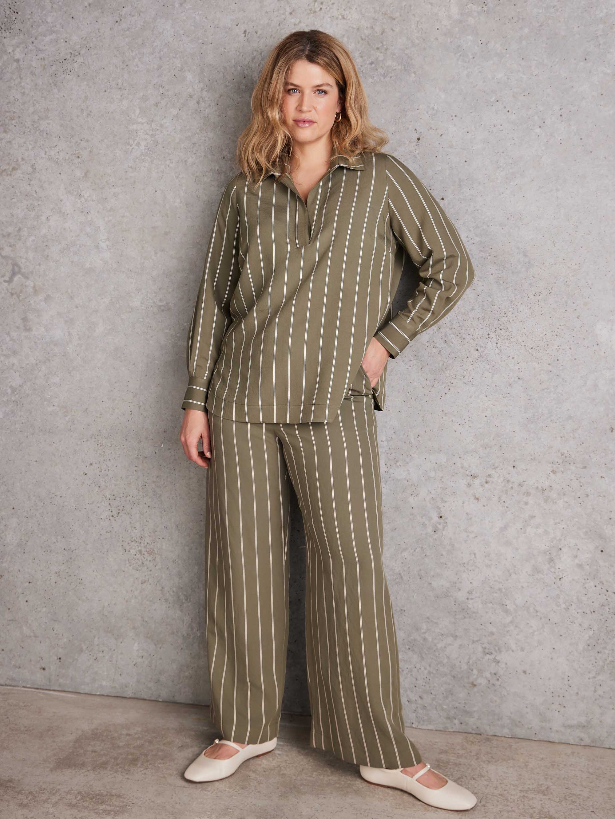Khaki Striped Wide Leg Belted Trouser - Image 5