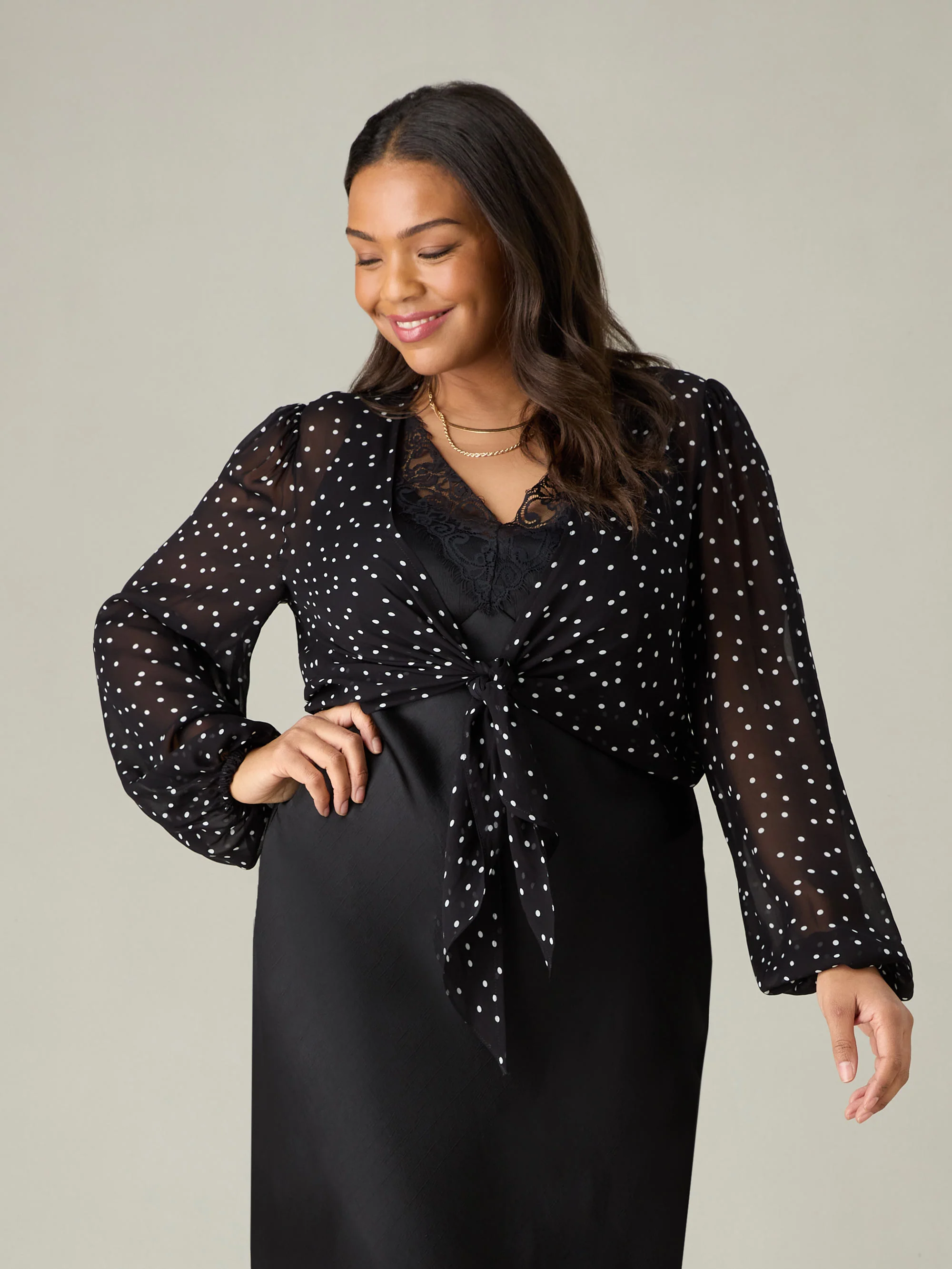 Petite Mono Spot Print Tie Front Cover Up - Image 3