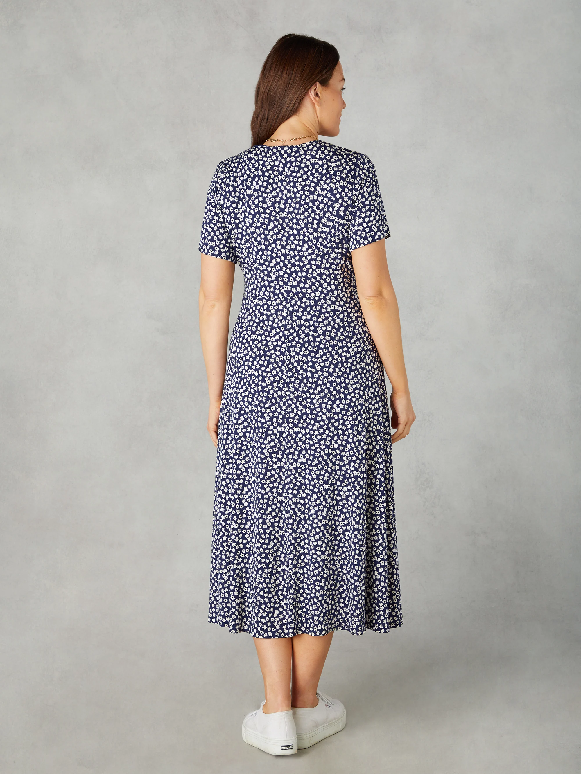 Petite Navy Ditsy Print Jersey Wrap Midi Dress - Image 3