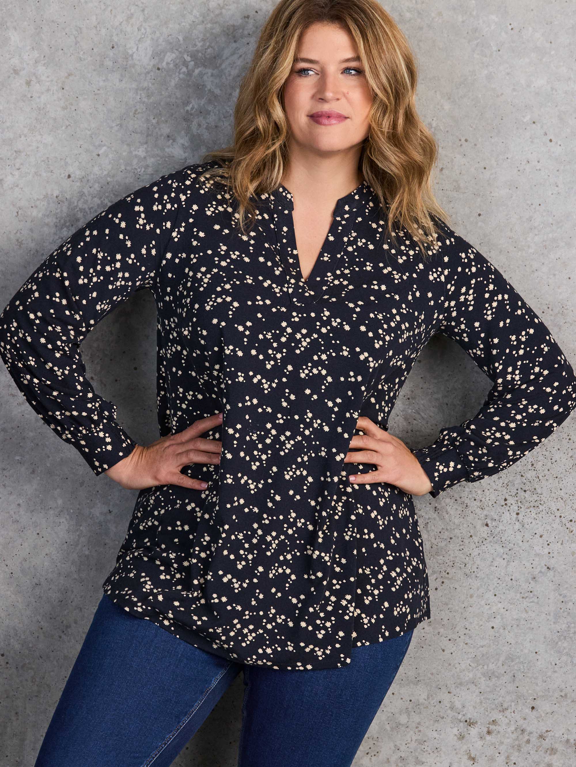 Petite Navy Ditsy Print Nehru Collar Tunic - Image 5
