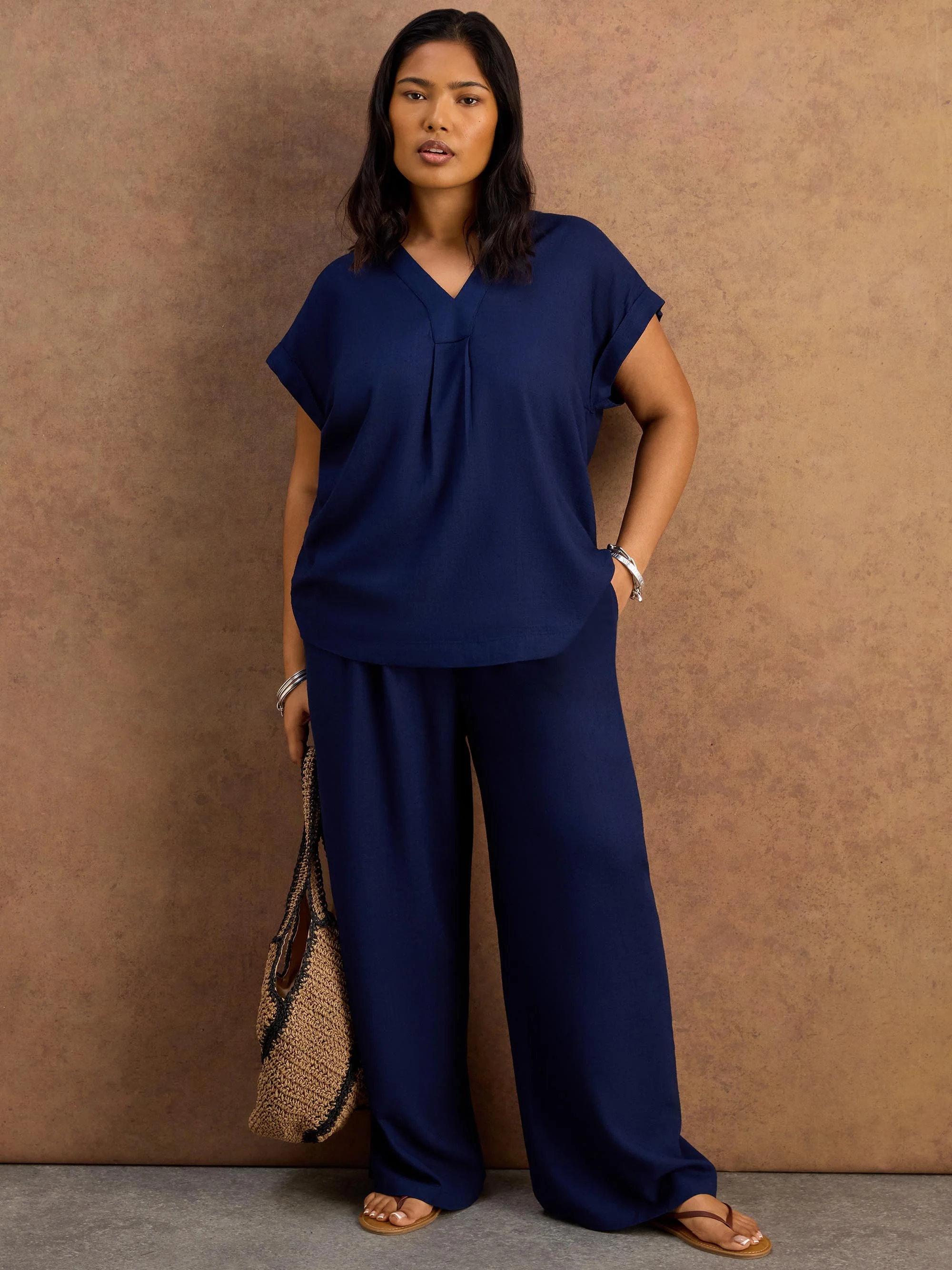 Petite Navy Linen Blend Drawstring Trousers - Image 2