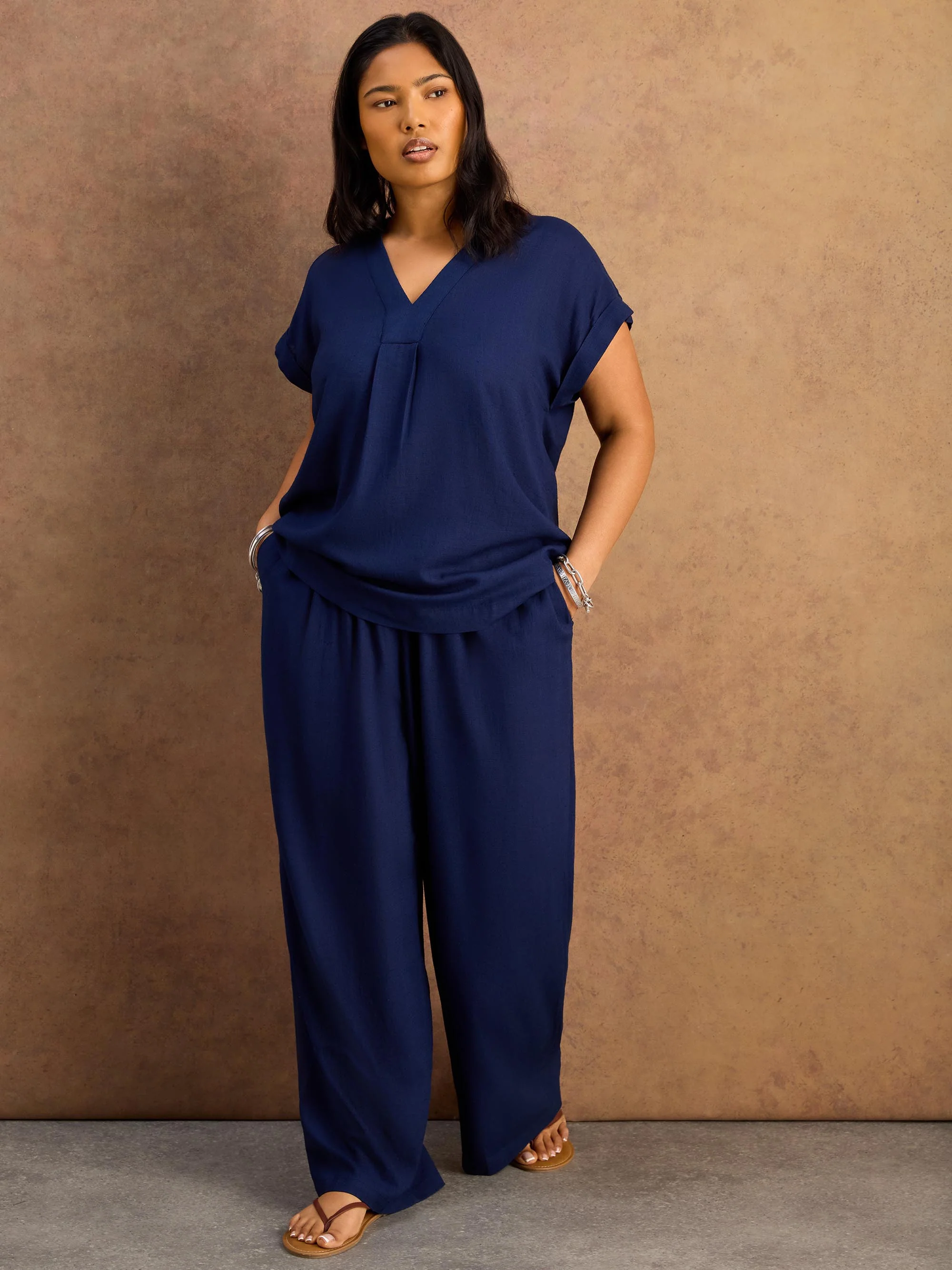 Petite Navy Linen Blend V-Neck Top - Image 3
