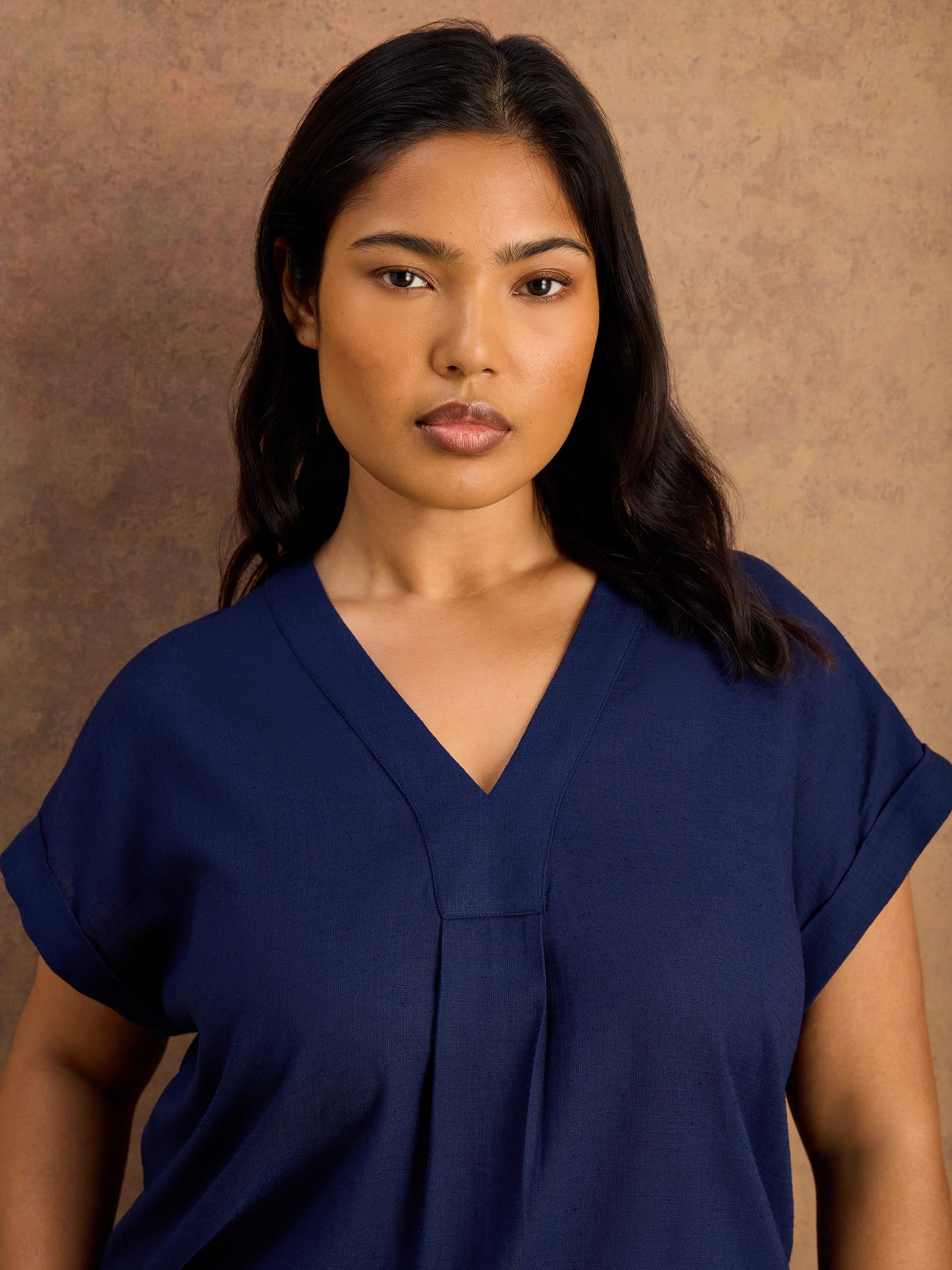 Petite Navy Linen Blend V-Neck Top - Image 4