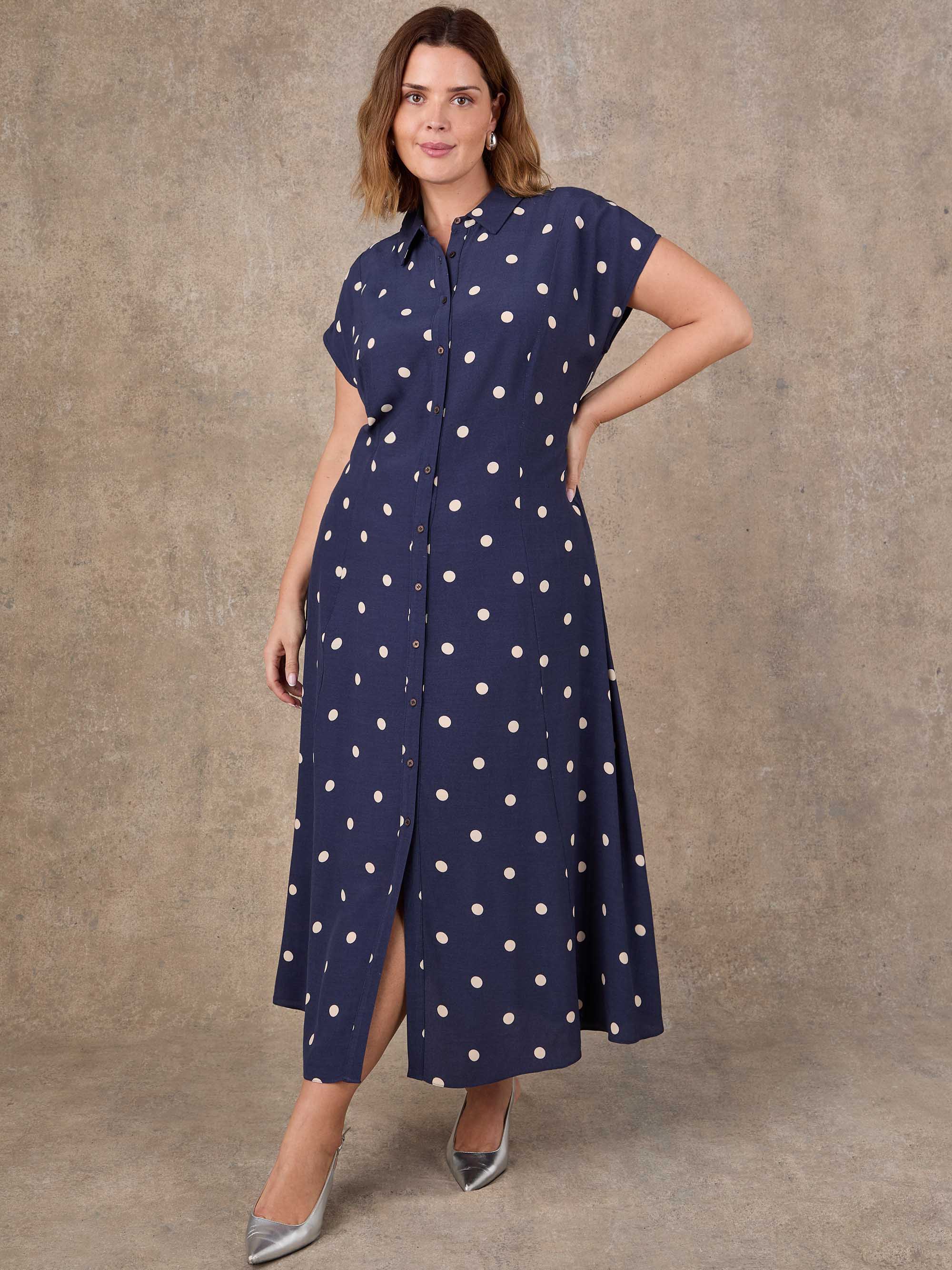 Petite Navy Polka Dot Print Midaxi Shirt Dress - Image 3
