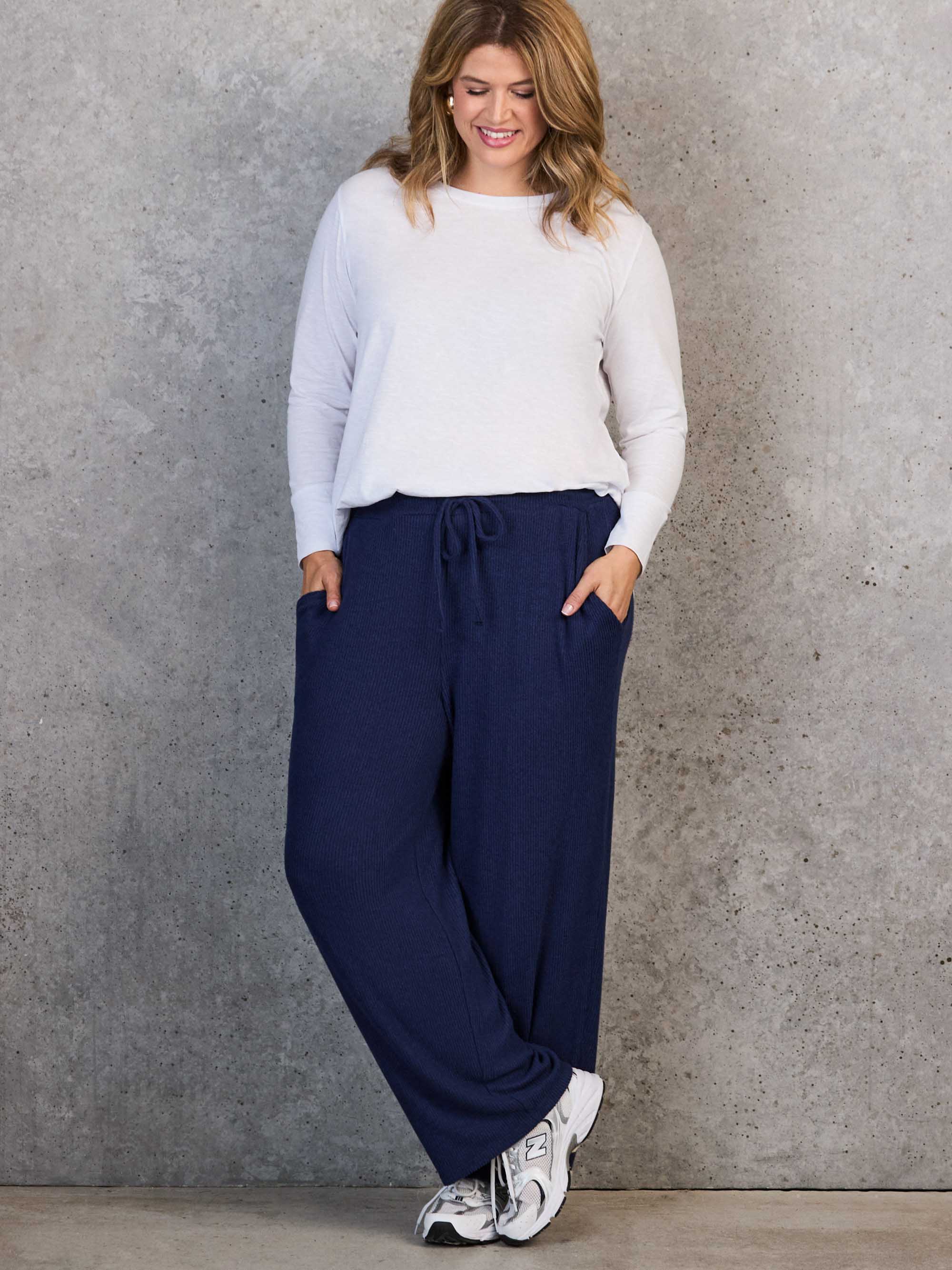 Navy Ribbed Supersoft Wide Leg Trousers - Image 5