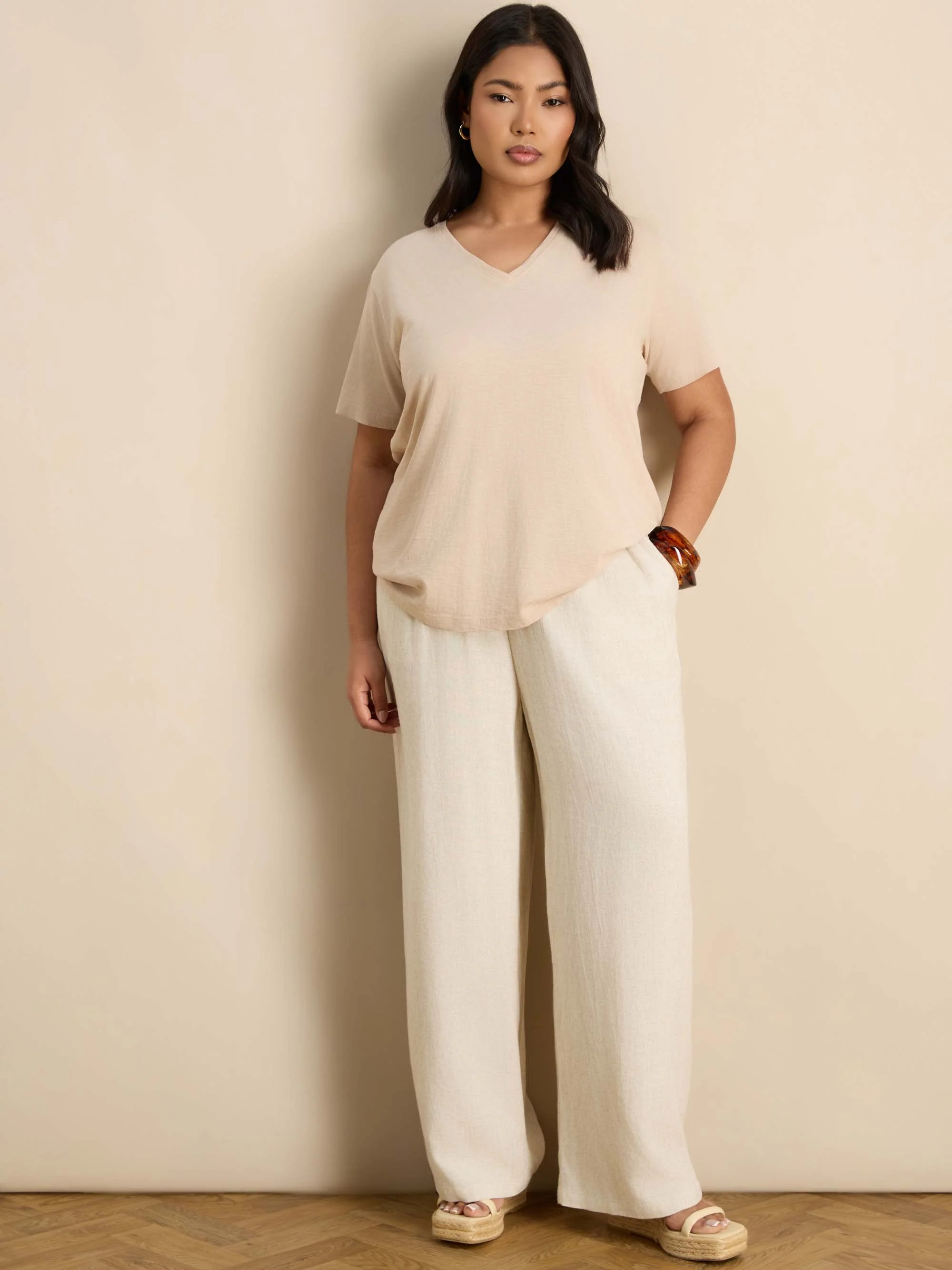 Petite Oatmeal Linen Blend Drawstring Trousers - Image 2