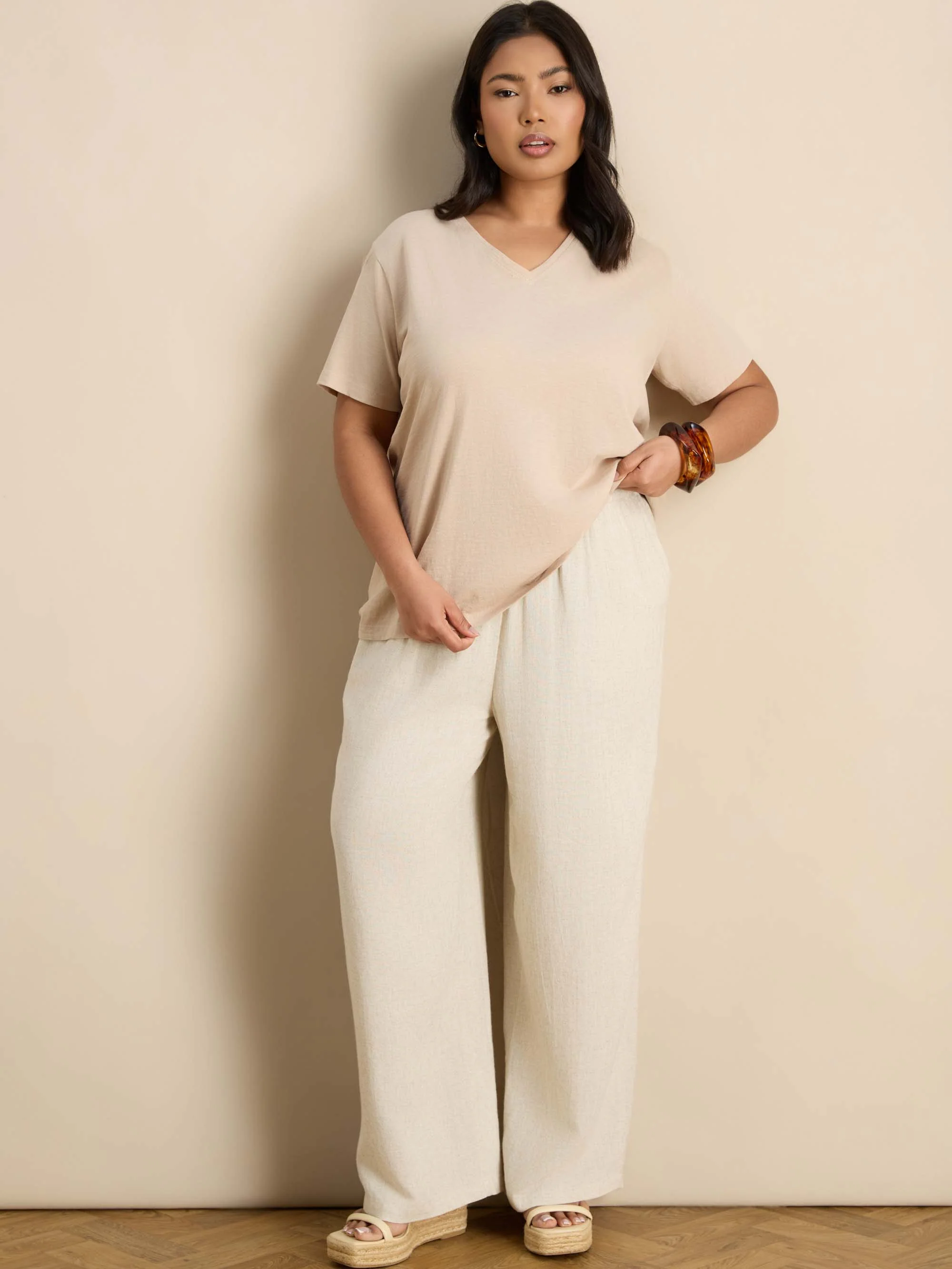 Petite Oatmeal Linen Blend Drawstring Trousers - Image 4