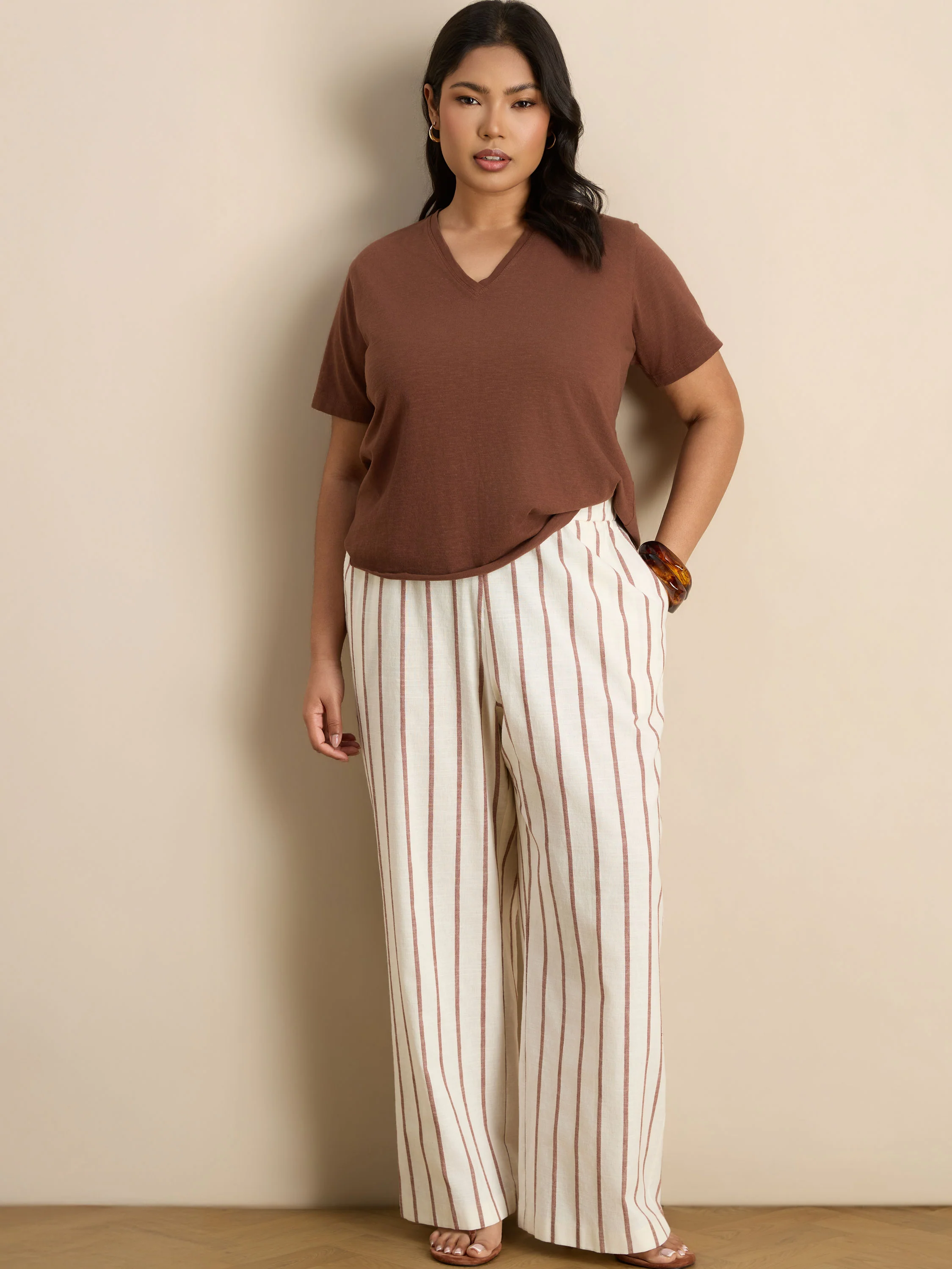 Petite Oatmeal Striped Linen Blend Wide Leg Trousers - Image 2