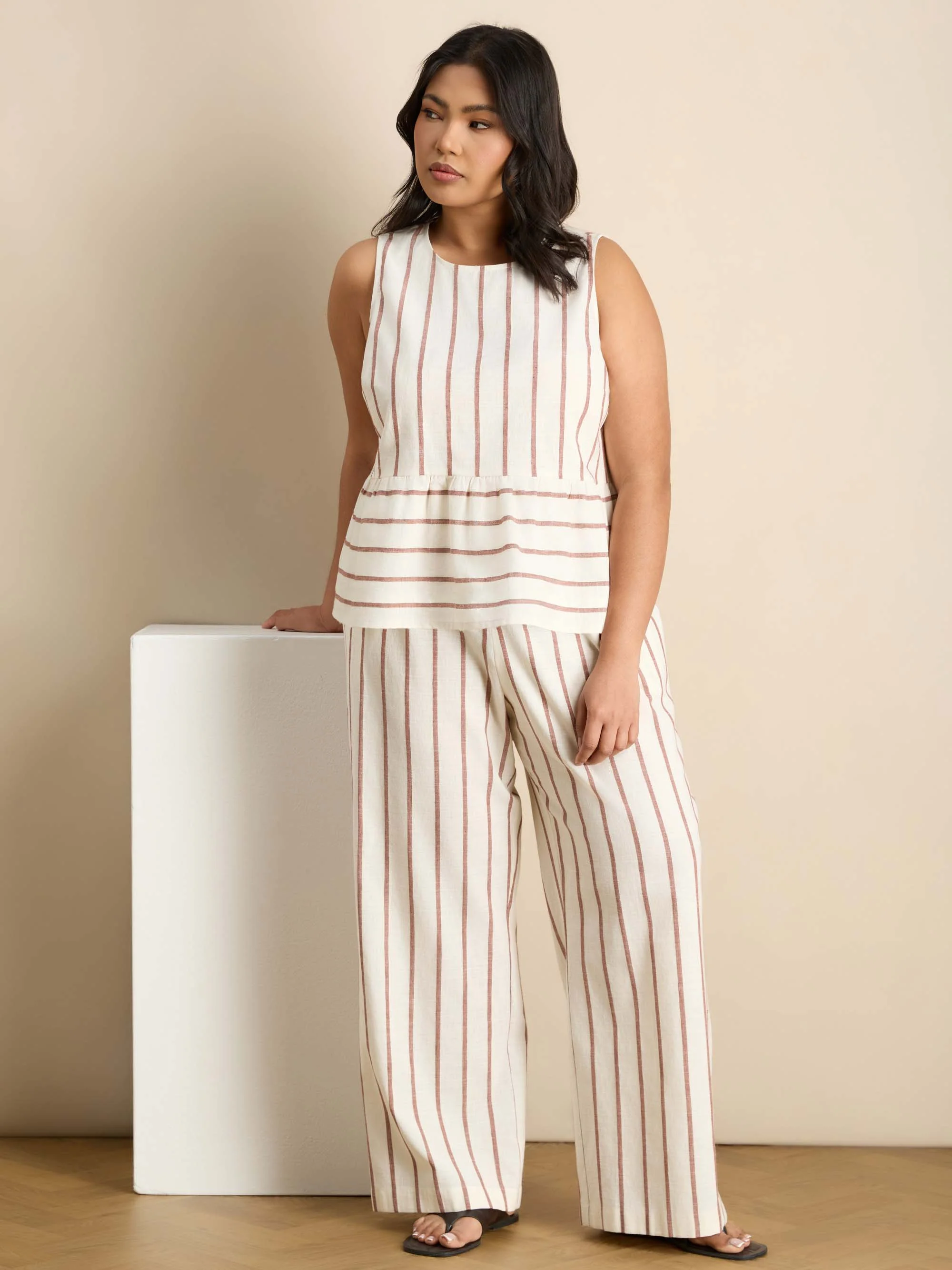 Petite Oatmeal Striped Linen Blend Wide Leg Trousers - Image 3