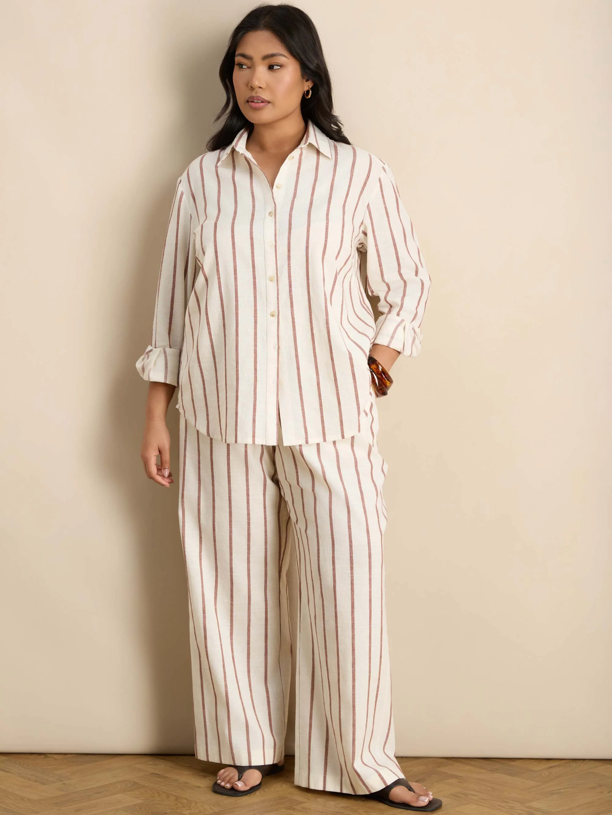 Petite Oatmeal Striped Linen Blend Wide Leg Trousers - Image 4