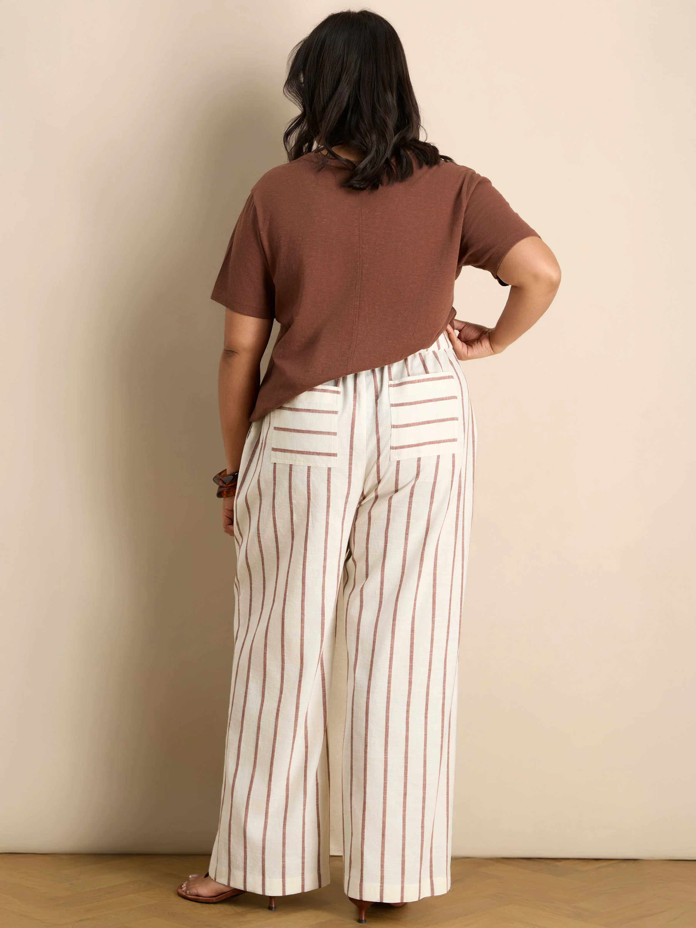 Petite Oatmeal Striped Linen Blend Wide Leg Trousers - Image 5