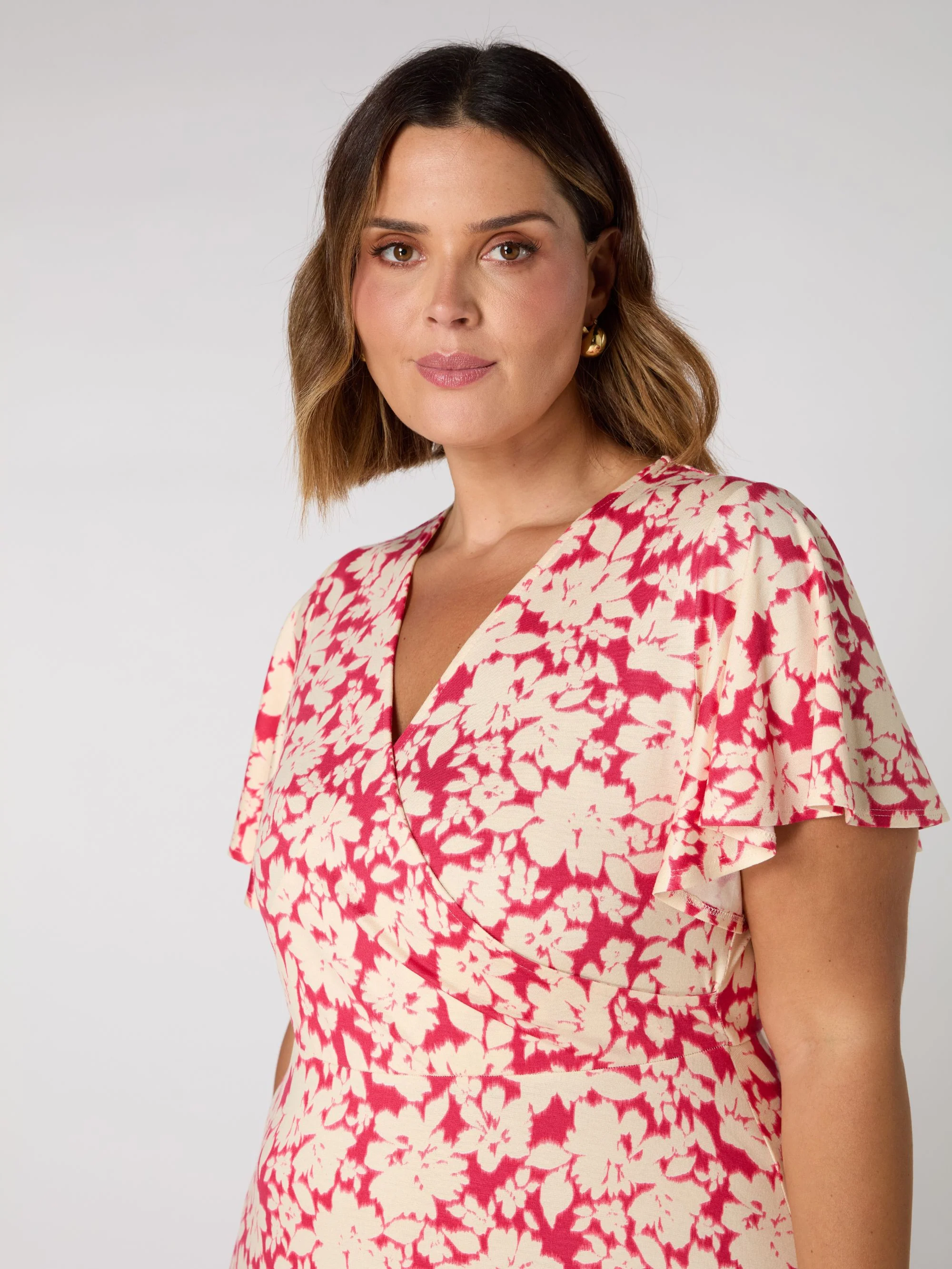 Raspberry Floral Print Flutter Sleeve Wrap Dress - Image 2