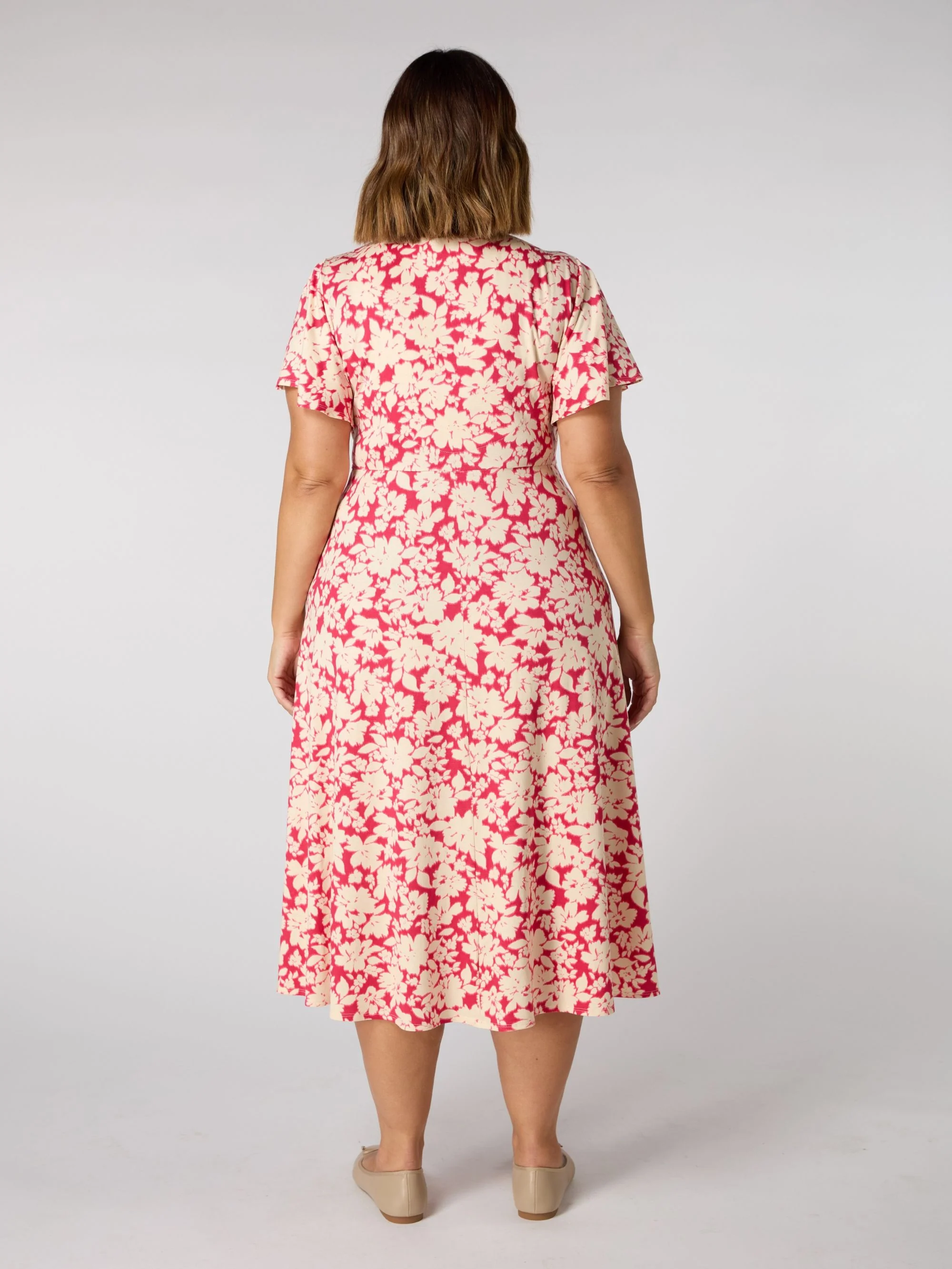 Raspberry Floral Print Flutter Sleeve Wrap Dress - Image 3