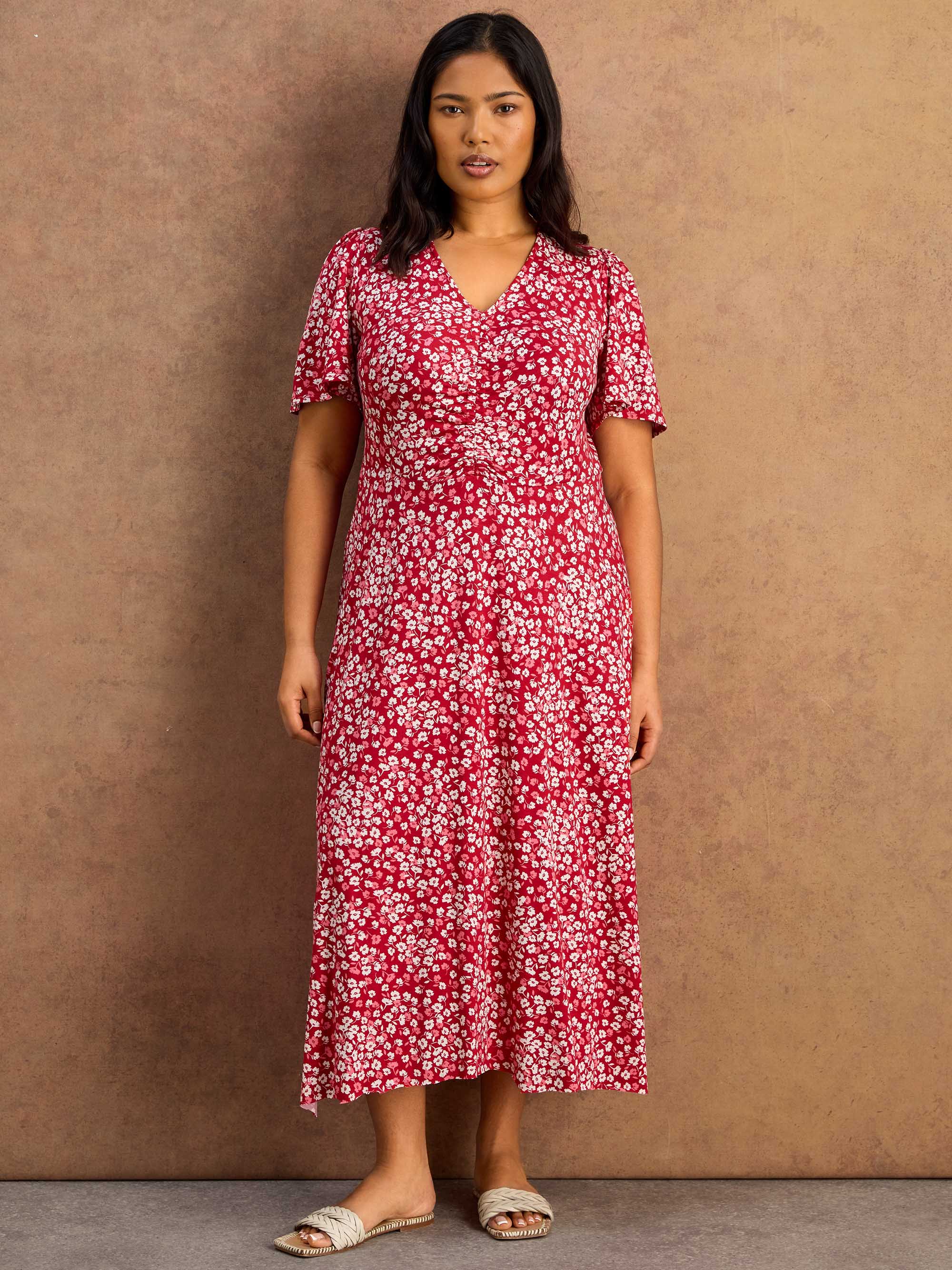Petite Red Ditsy Print Ruched Short Sleeve Dress - Image 3