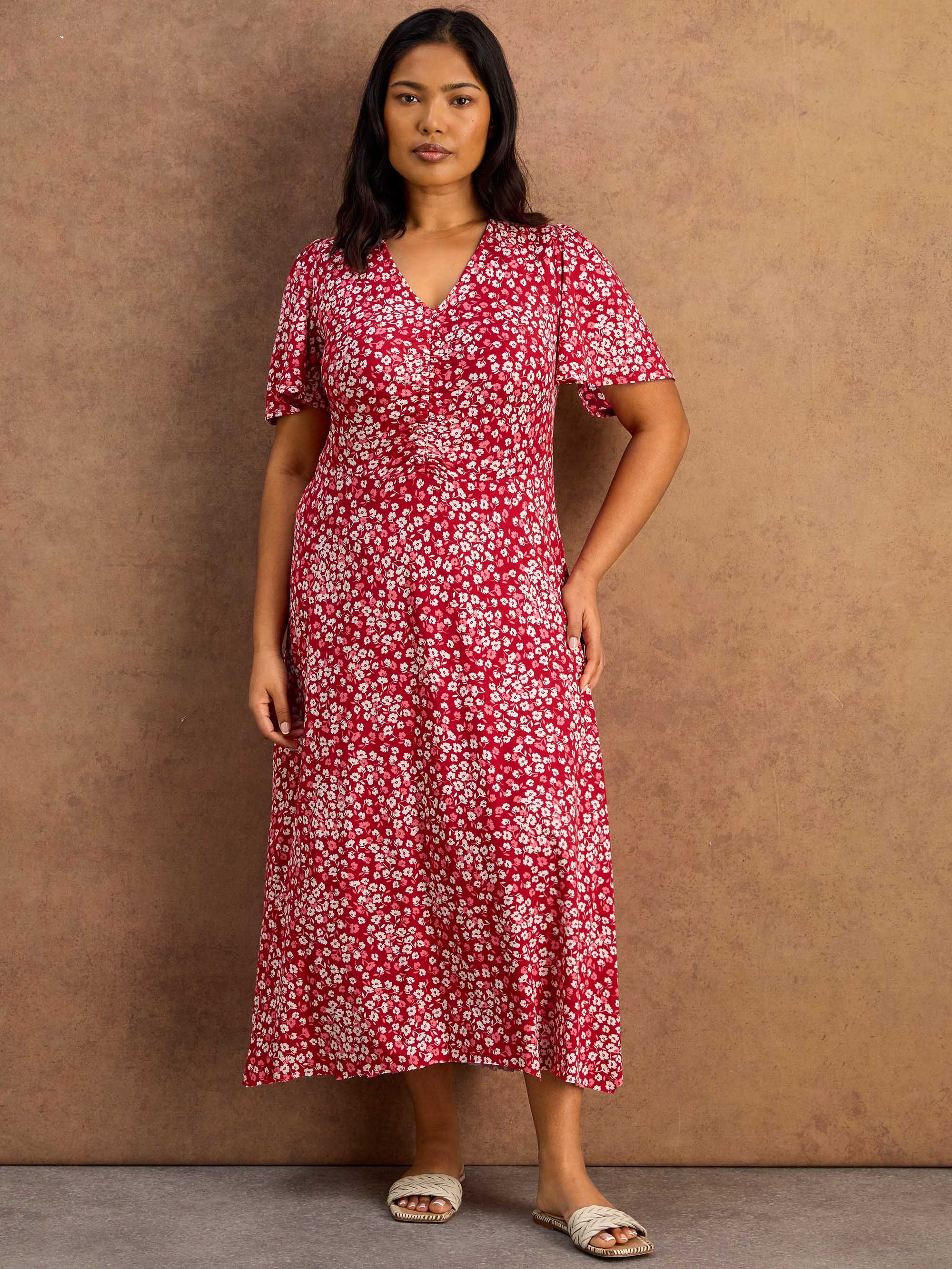 Petite Red Ditsy Print Ruched Short Sleeve Dress - Image 4