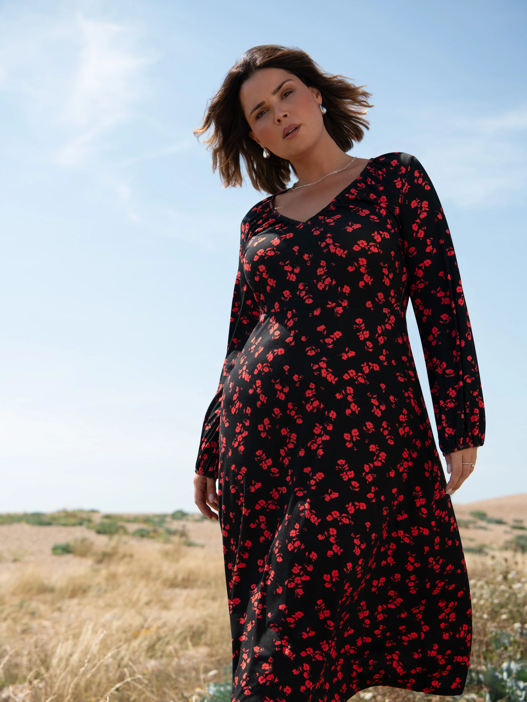Red Floral Print Jersey V-Neck Midi Dress - Image 2
