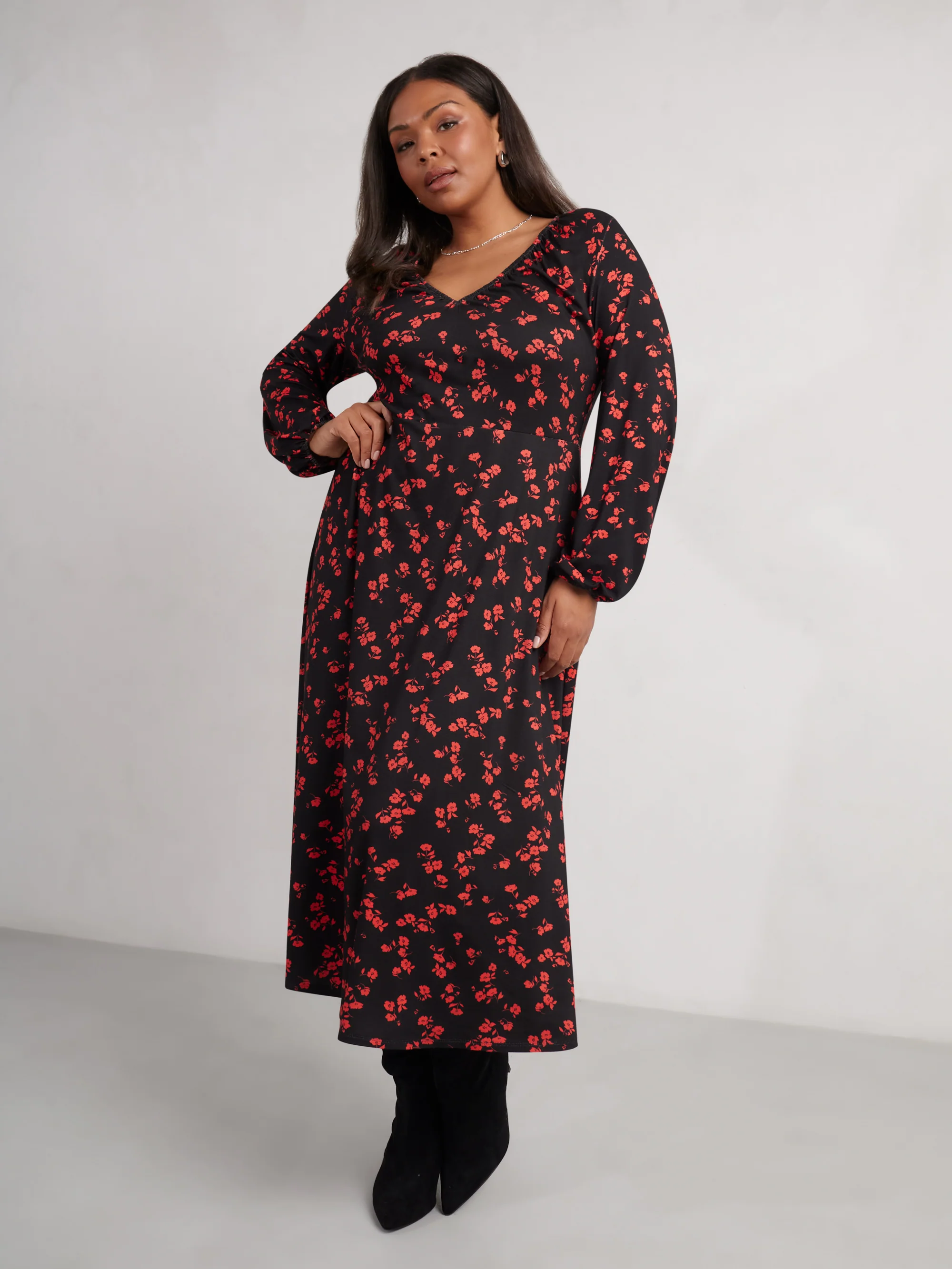 Red Floral Print Jersey V-Neck Midi Dress - Image 3