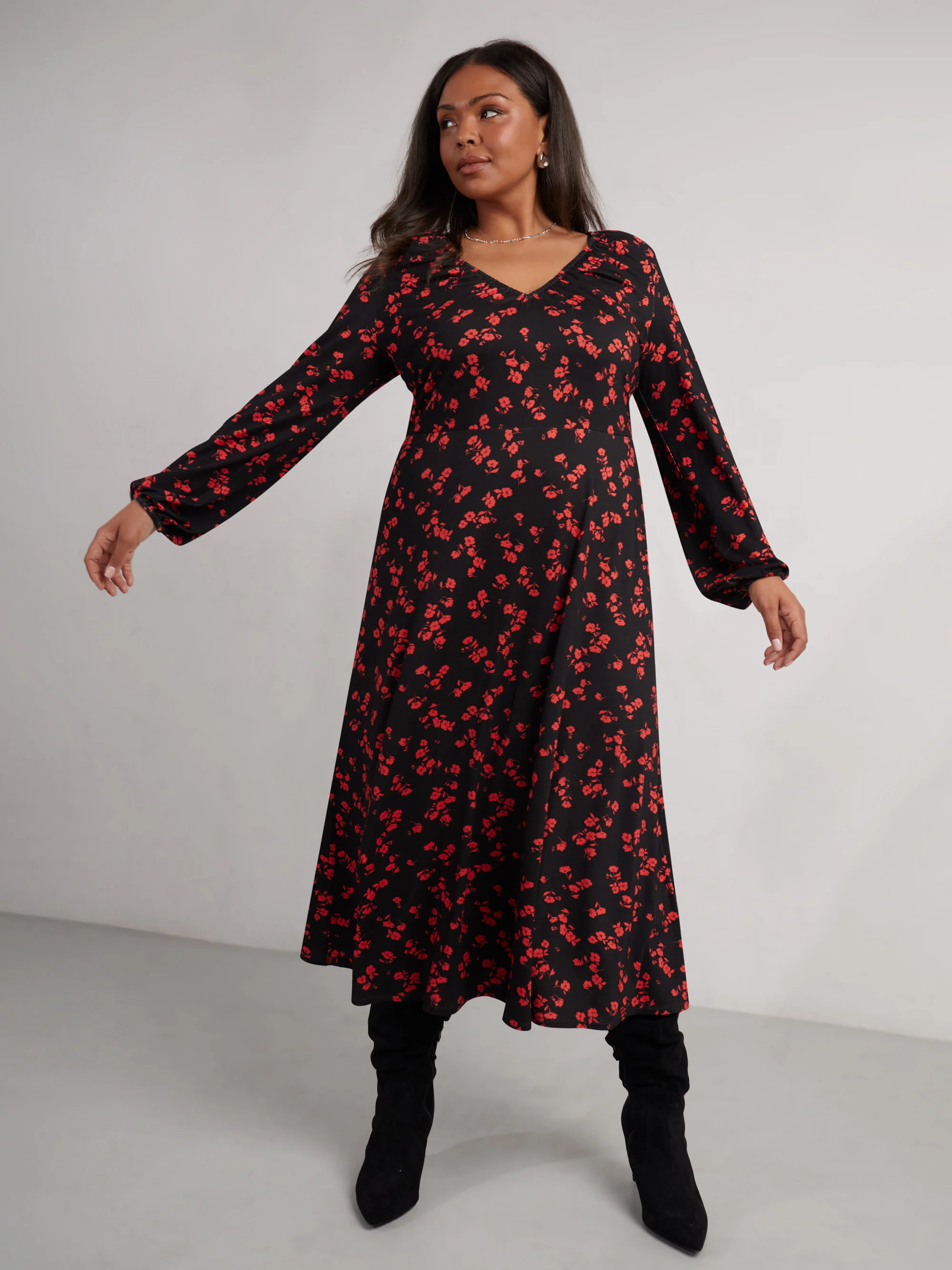 Red Floral Print Jersey V-Neck Midi Dress - Image 4