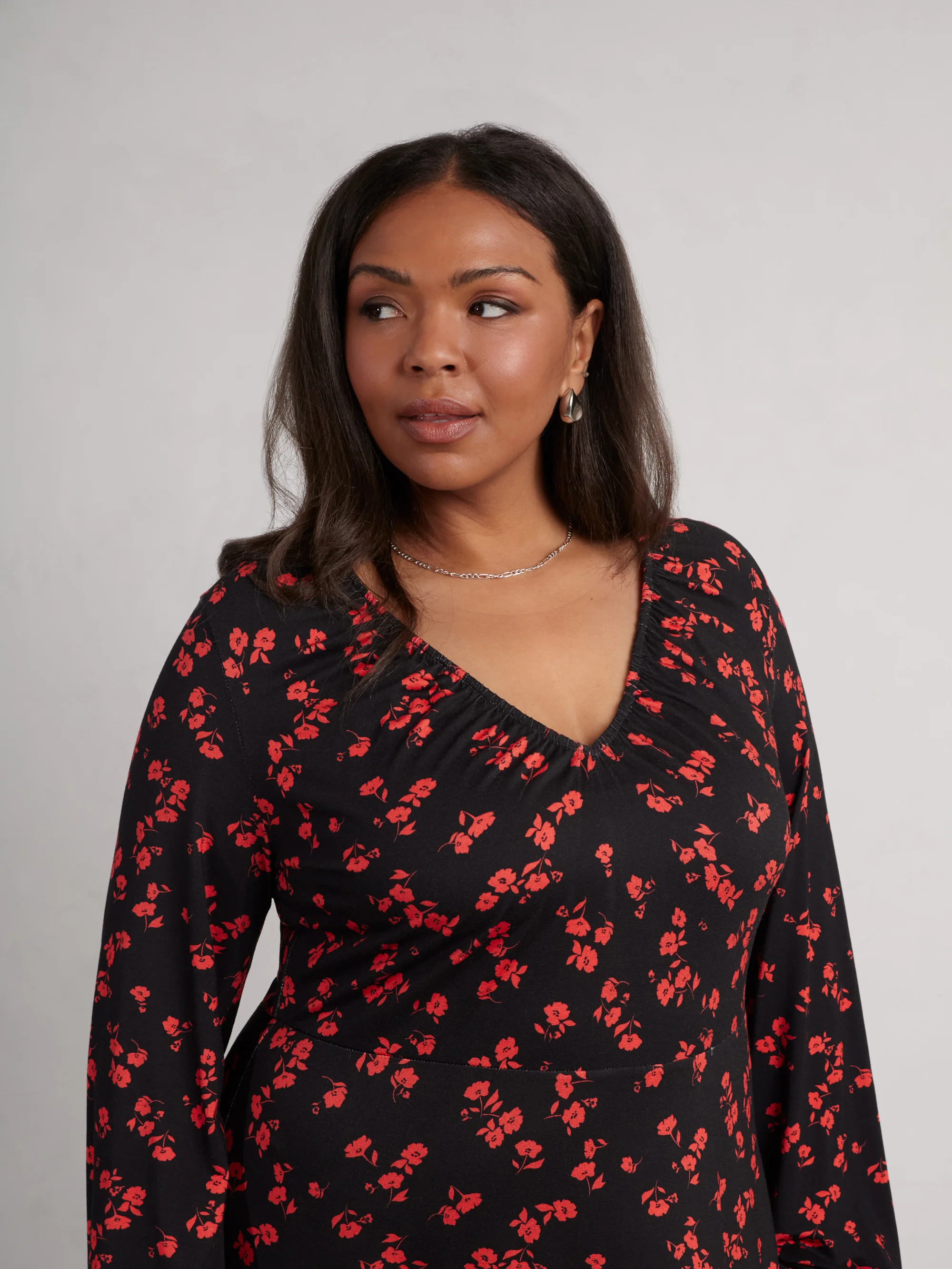 Red Floral Print Jersey V-Neck Midi Dress - Image 5