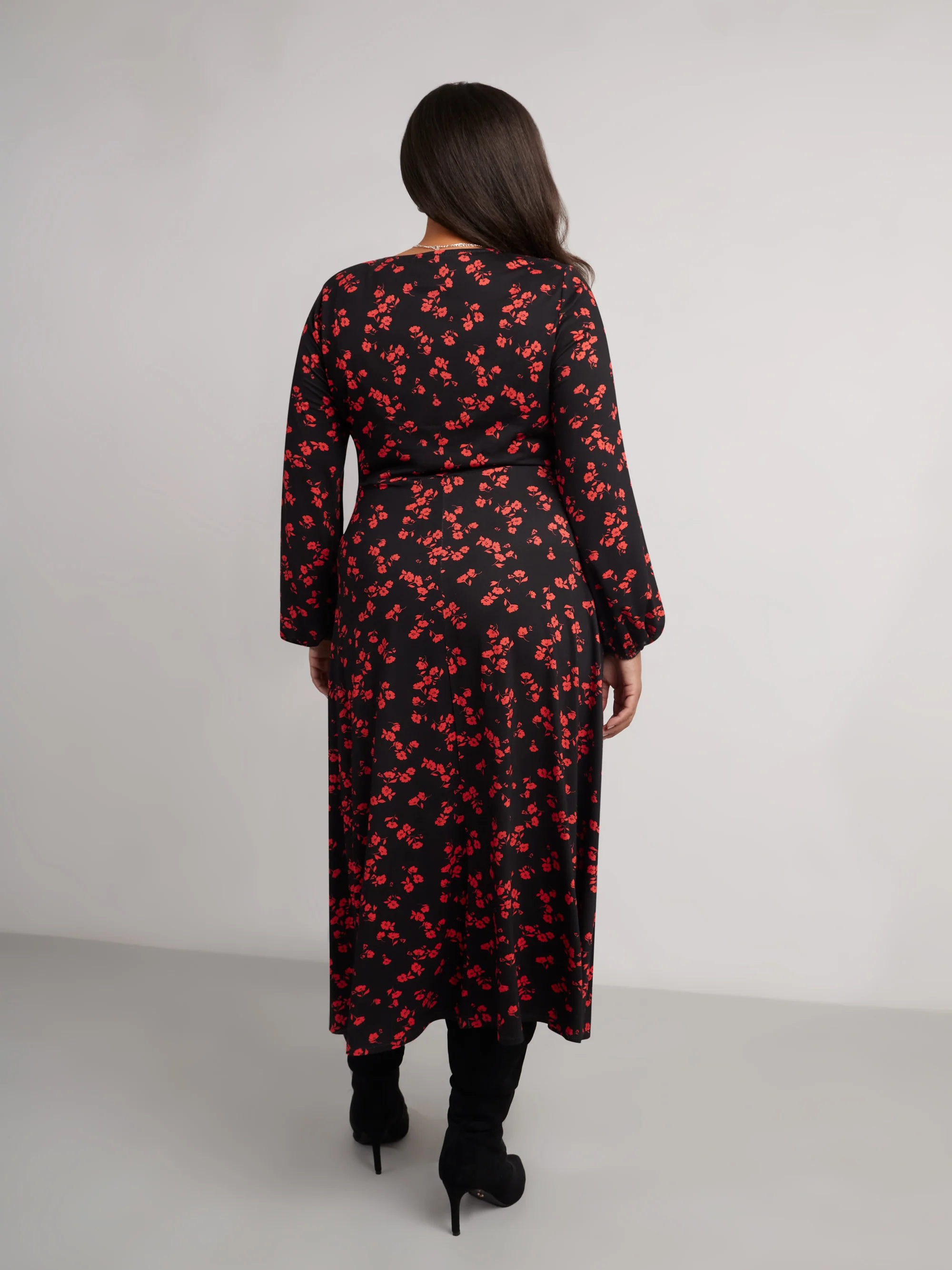 Red Floral Print Jersey V-Neck Midi Dress - Image 6