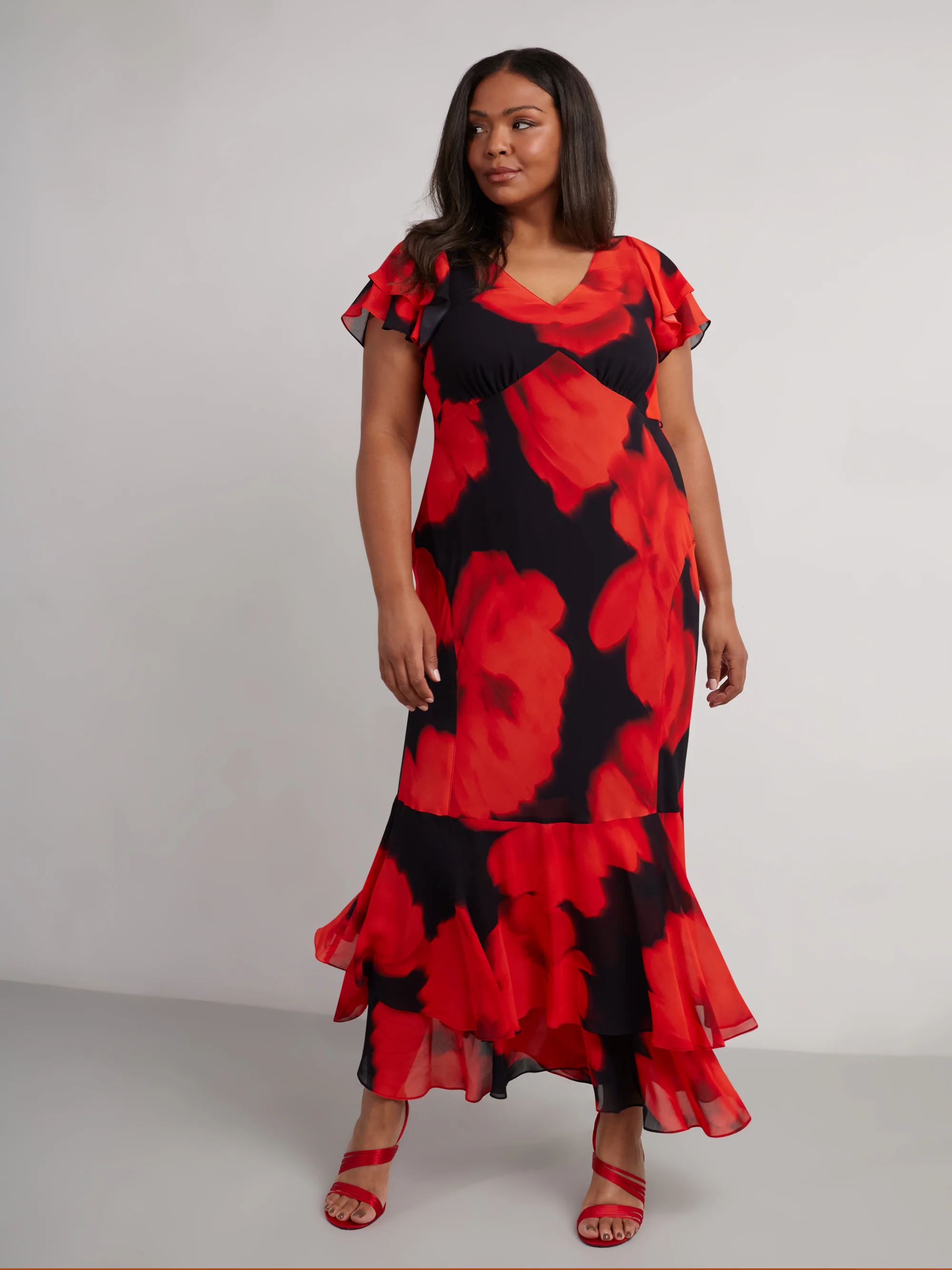 Red Floral Ruffle Shoulder Maxi Dress - Image 4