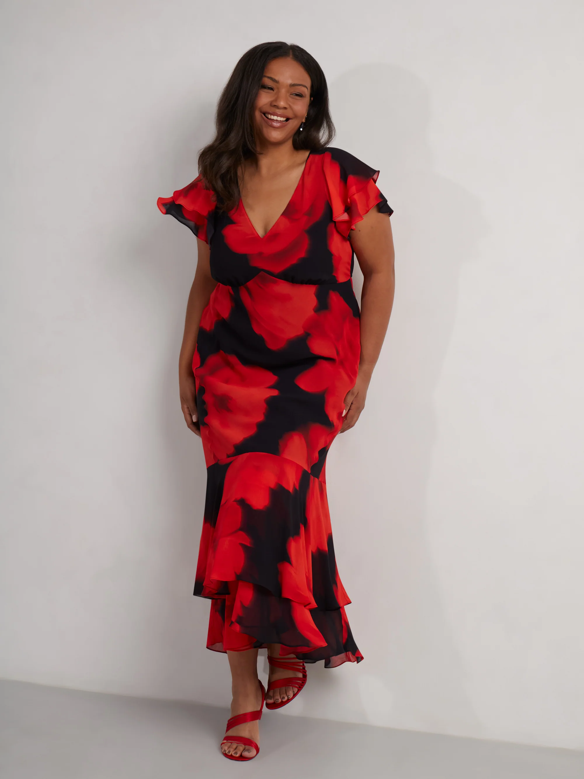 Red Floral Ruffle Shoulder Maxi Dress - Image 6
