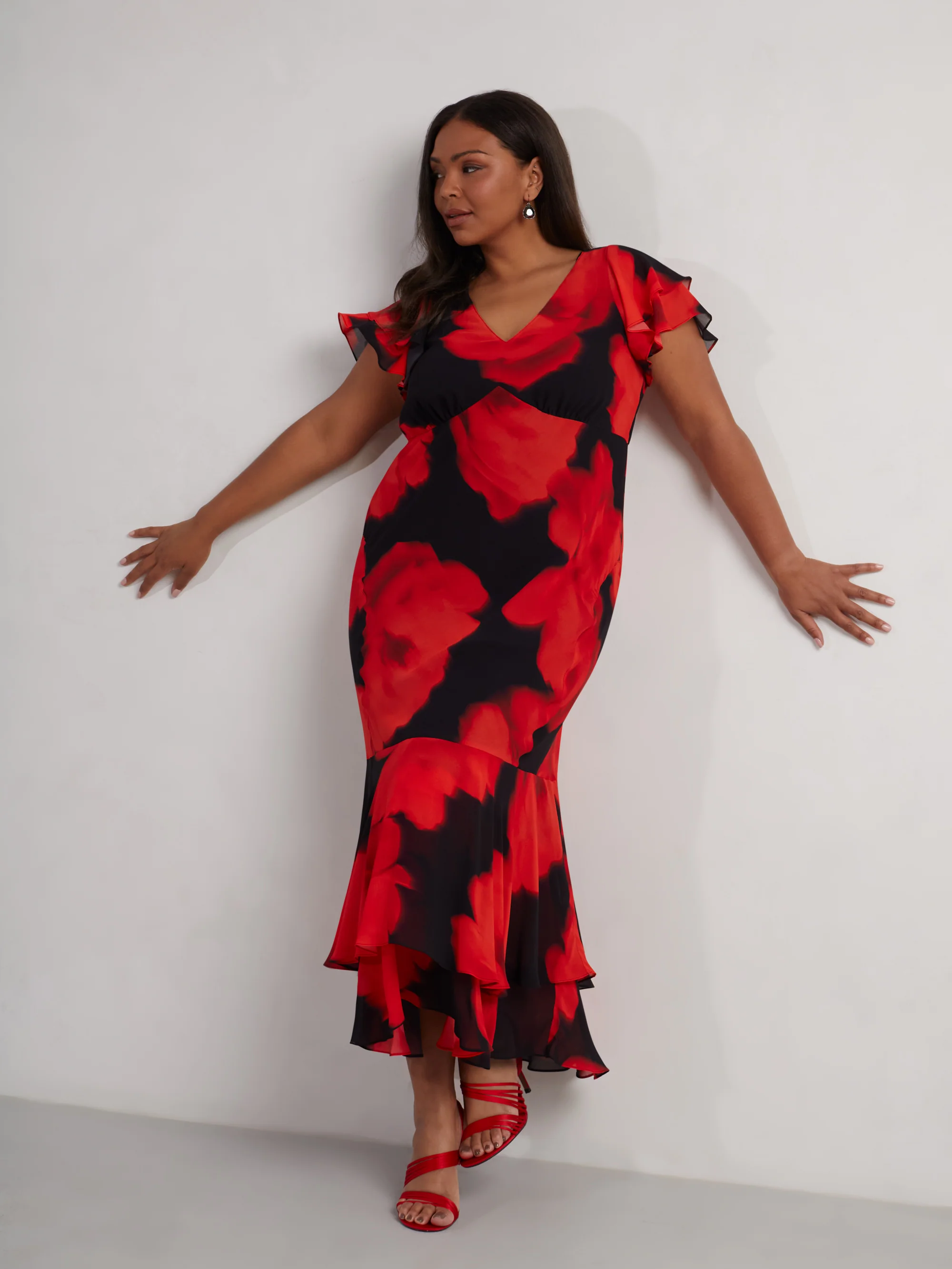 Red Floral Ruffle Shoulder Maxi Dress - Image 5