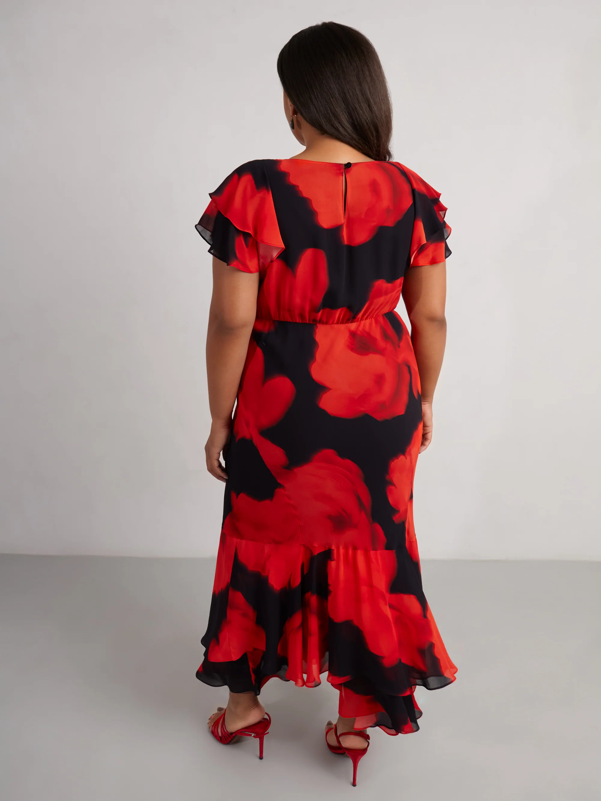 Red Floral Ruffle Shoulder Maxi Dress - Image 9