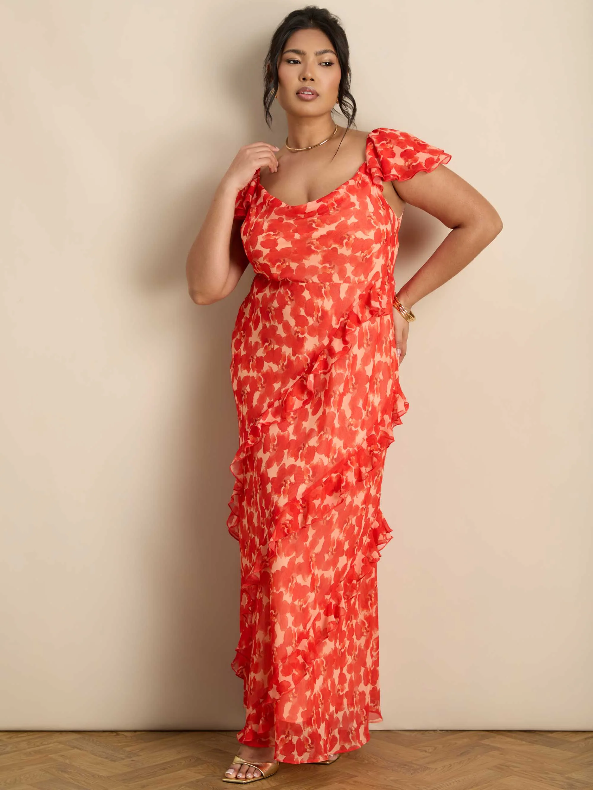 Petite Red Floral Ruffle Sleeve Maxi Dress - Image 2