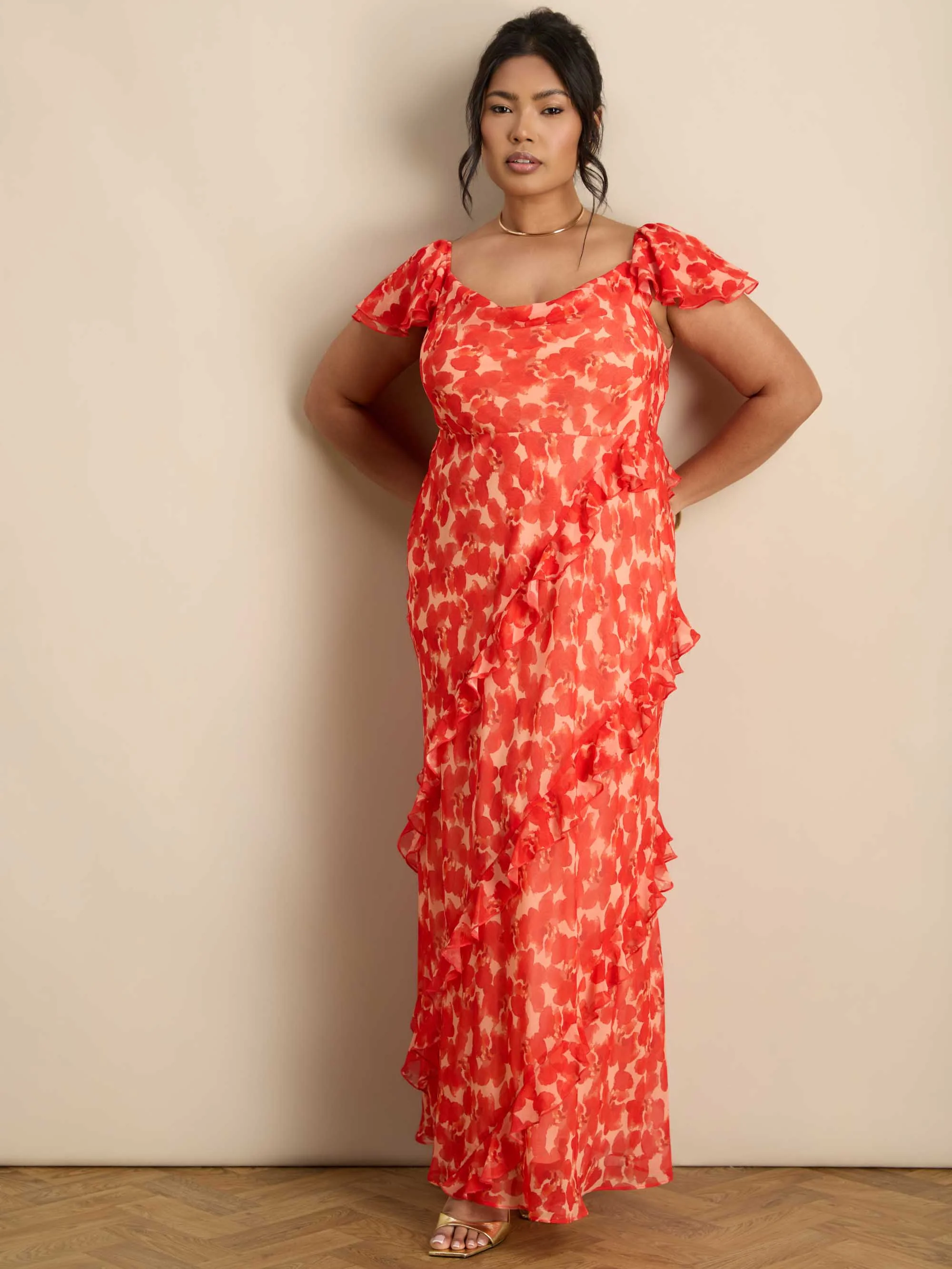 Petite Red Floral Ruffle Sleeve Maxi Dress - Image 4