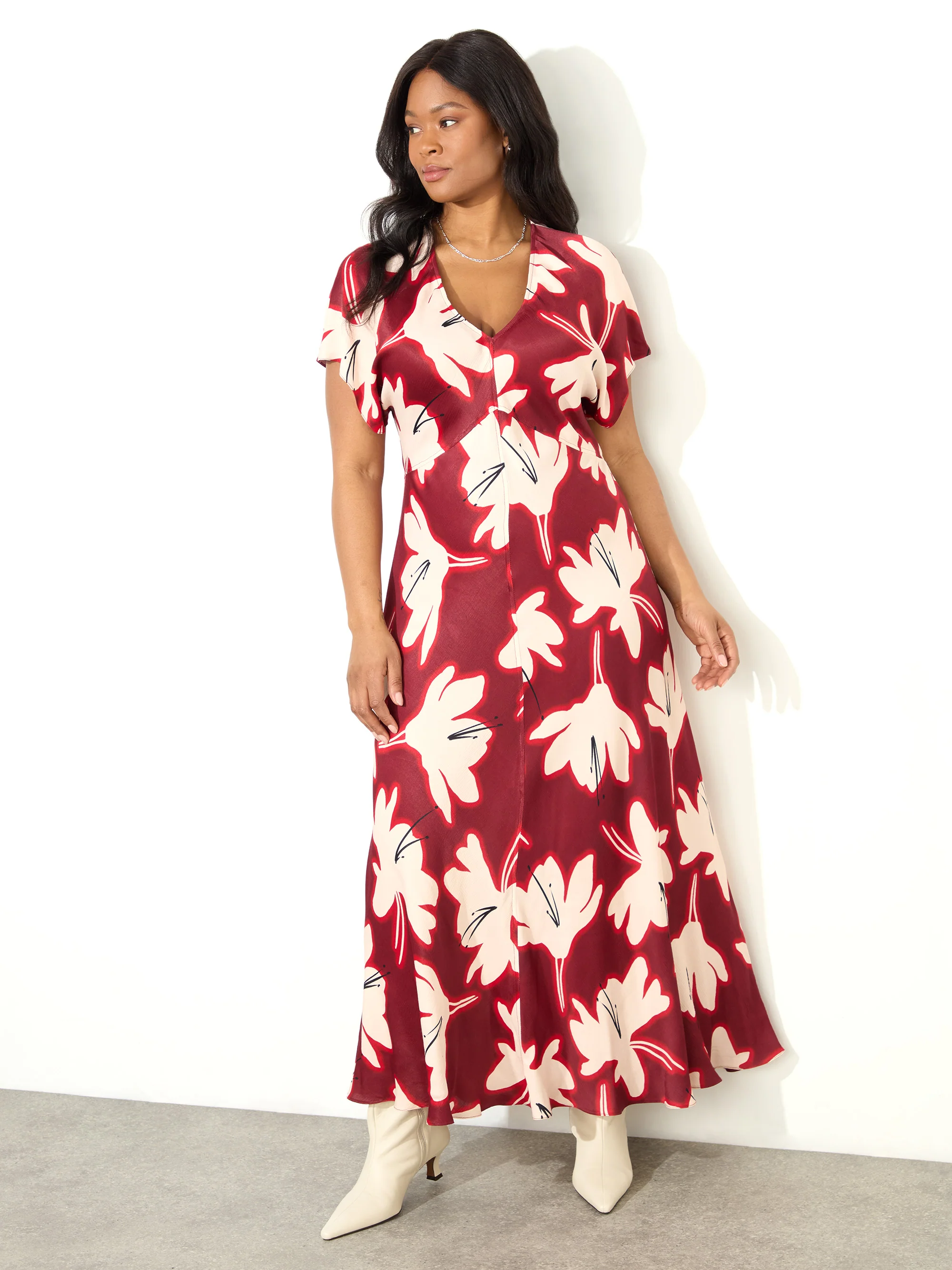 Petite Red Floral V Neck Maxi Dress - Image 3