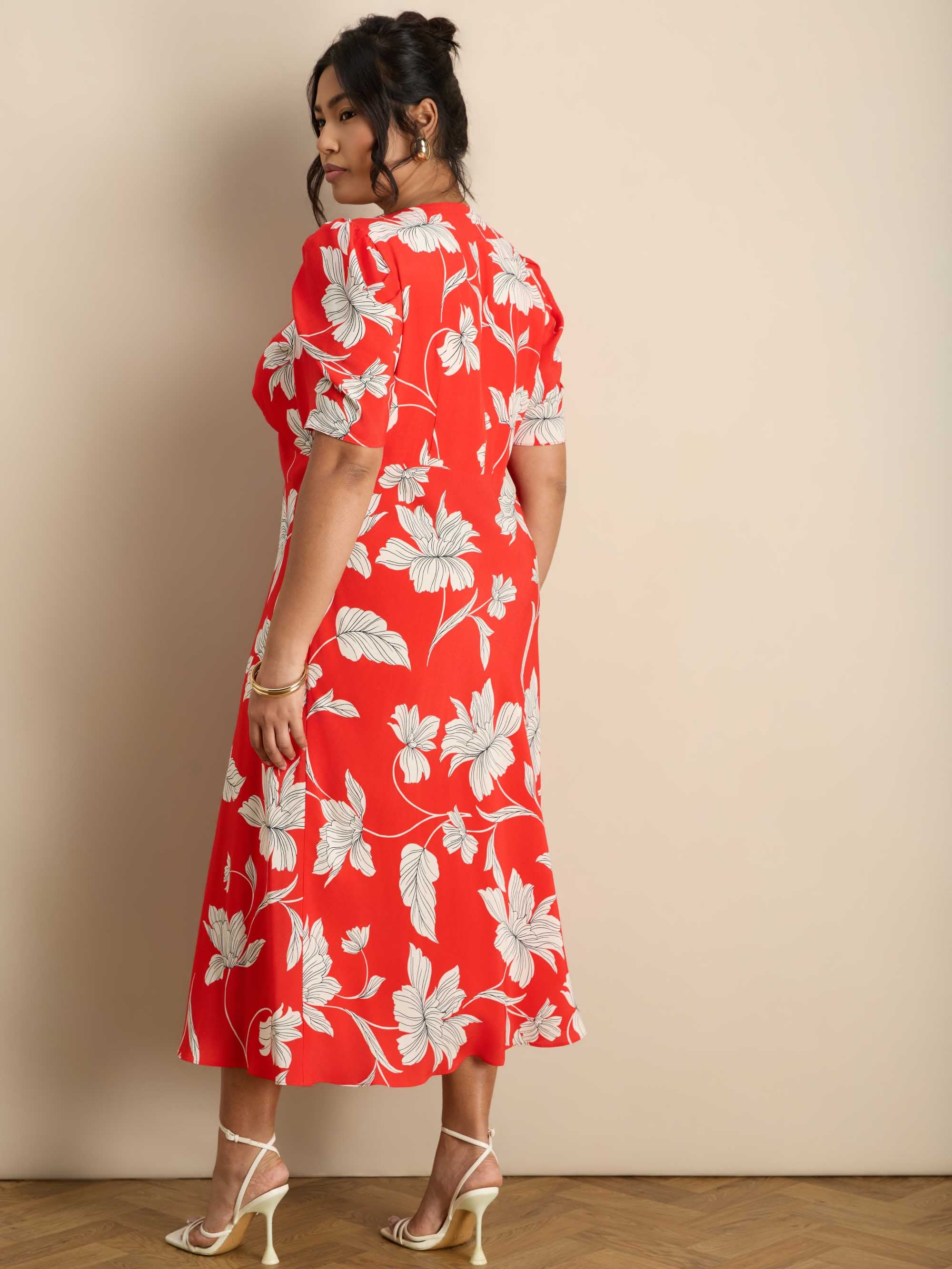 Petite Red Floral V-Neck Puff Sleeve Midi Dress - Image 6