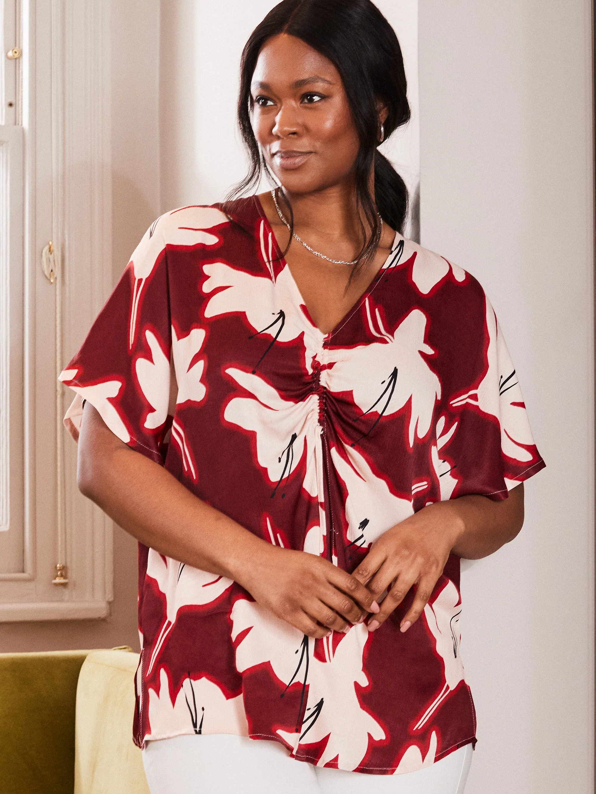 Petite Red Floral Print Ruched Front Blouse - Image 3