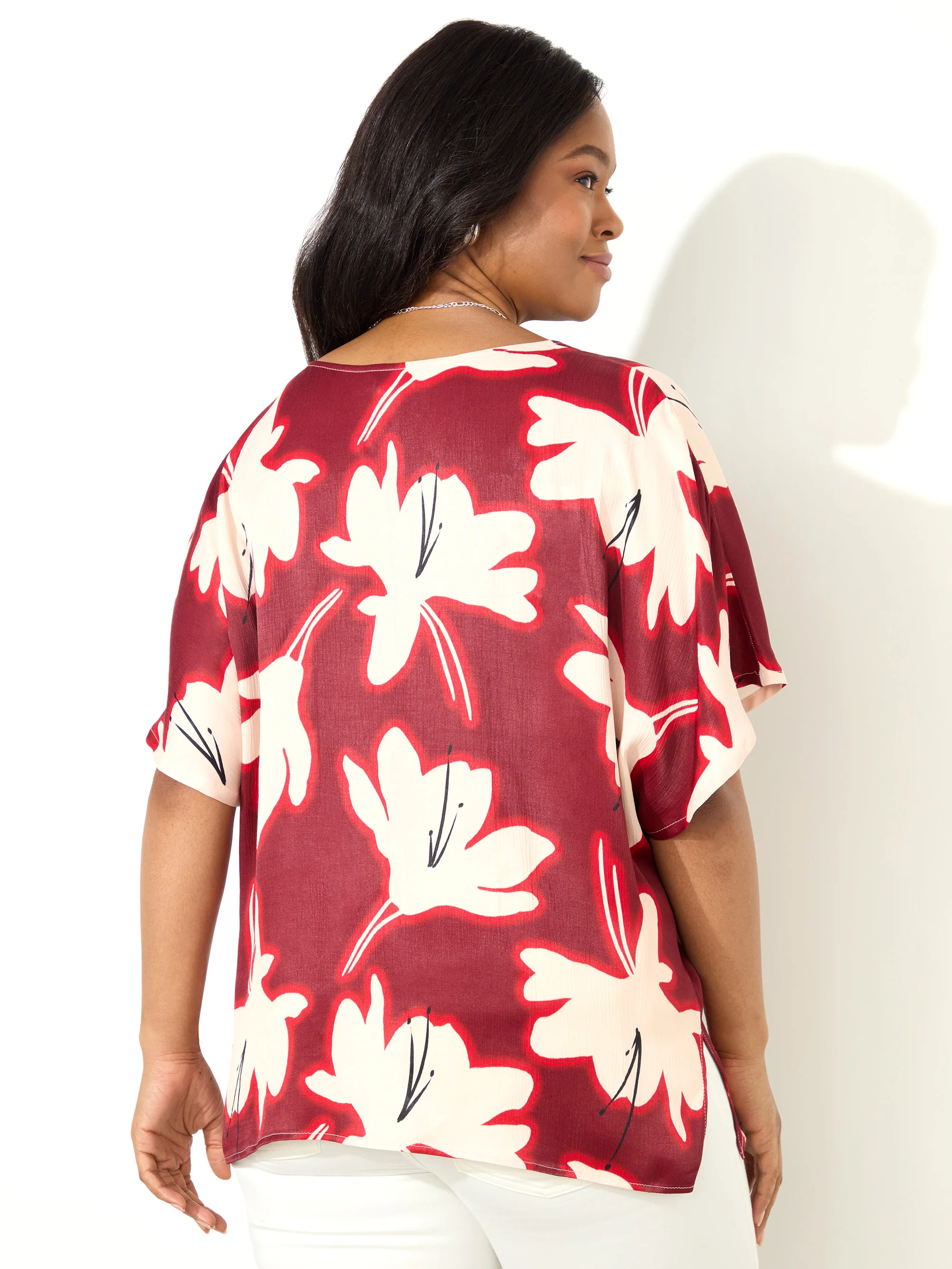 Petite Red Floral Print Ruched Front Blouse - Image 6