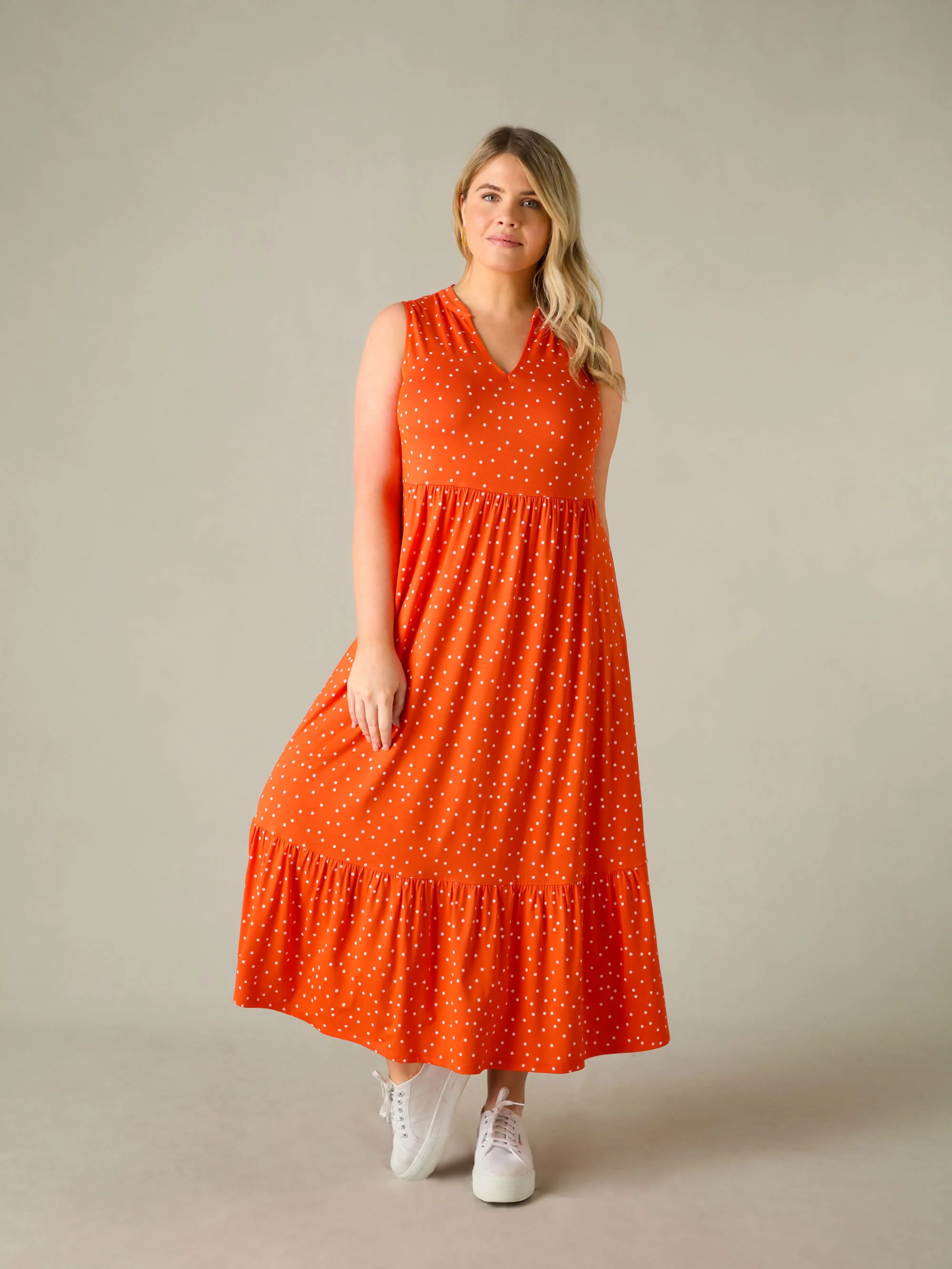 Petite Red Spot Print Jersey Sleeveless Midi Dress - Image 3