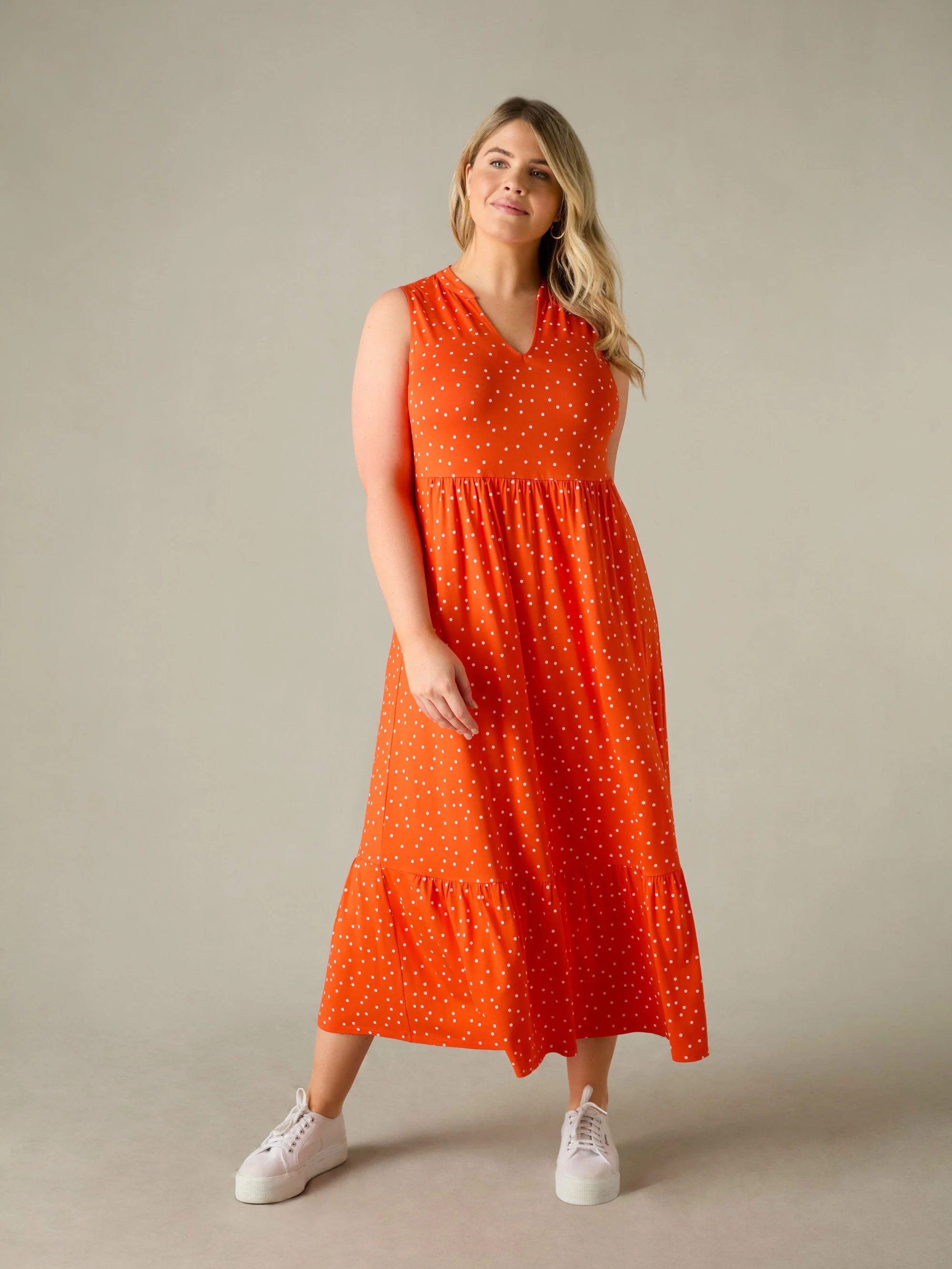 Petite Red Spot Print Jersey Sleeveless Midi Dress - Image 4