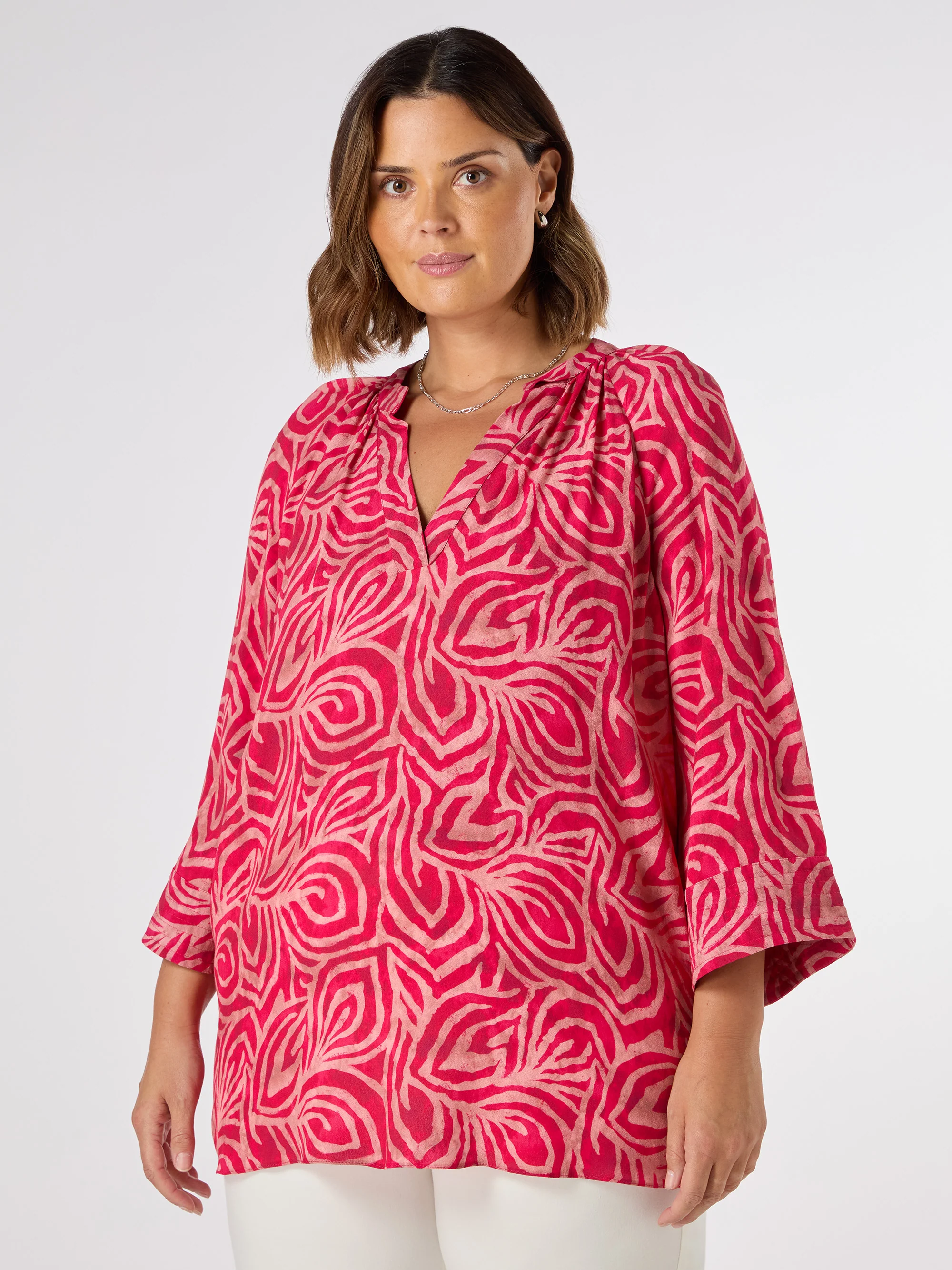 Pink Abstract Cropped Sleeve Blouse - Image 2