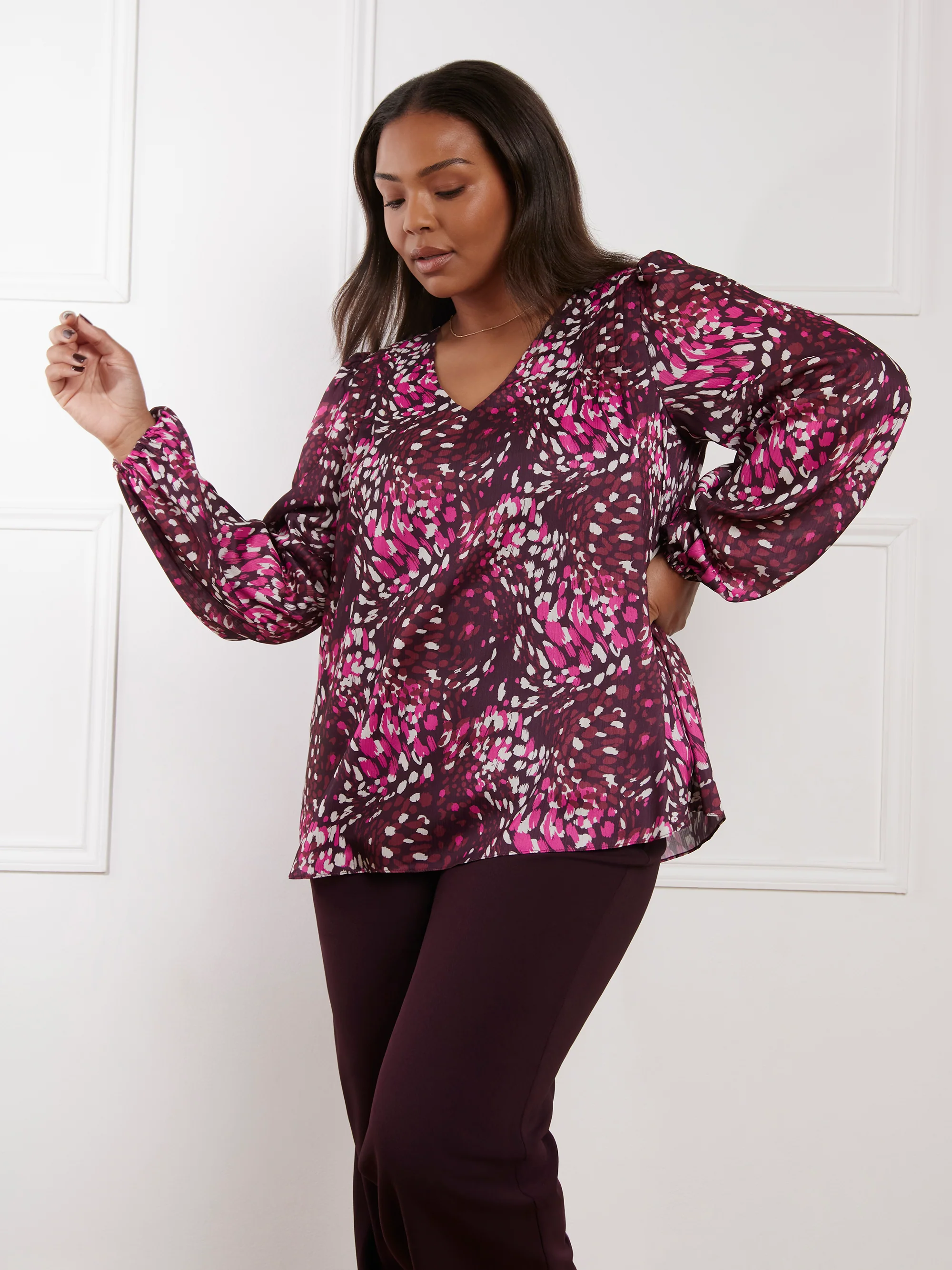 Pink Abstract Print V-Neck Blouse - Image 2
