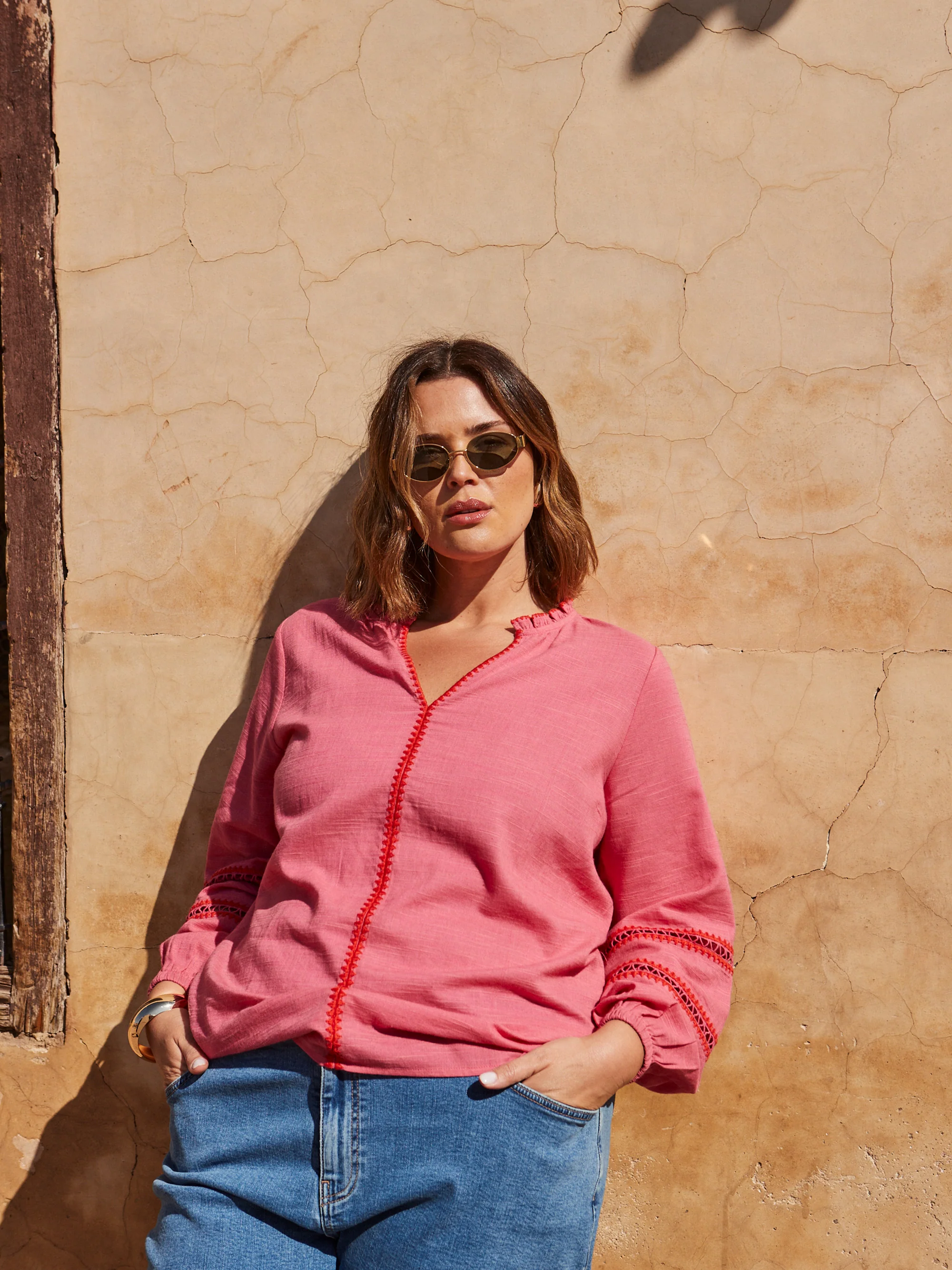 Pink Blouse With Red Trim Detail - Image 2