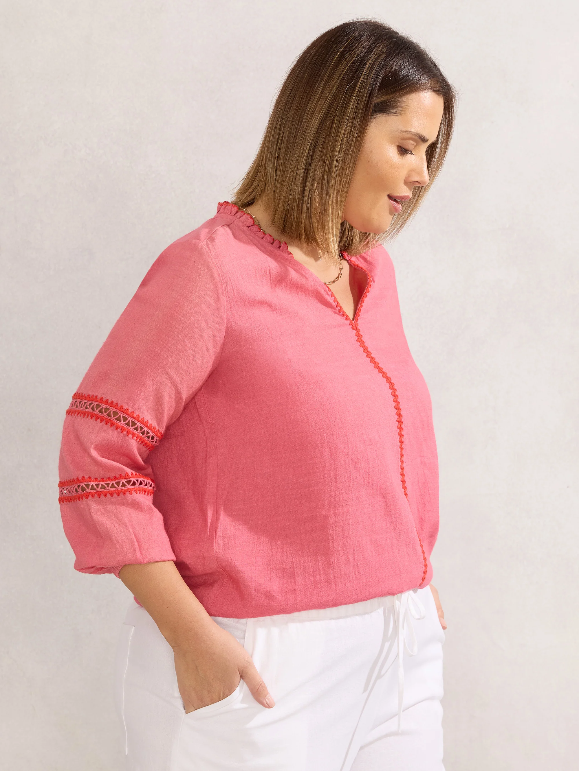 Pink Blouse With Red Trim Detail - Image 6