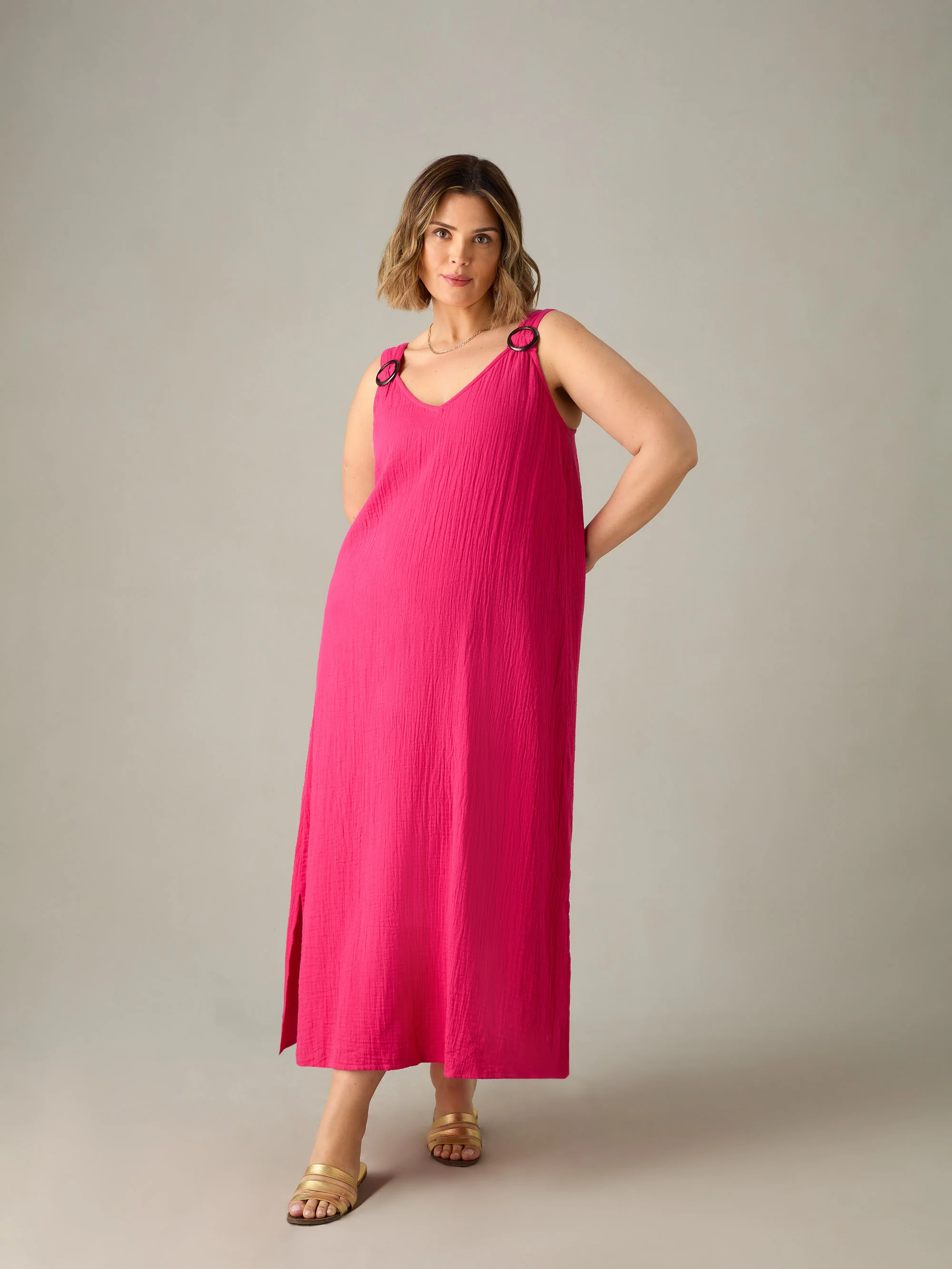 Pink Cotton Crinkle Ring Detail Dress - Image 3