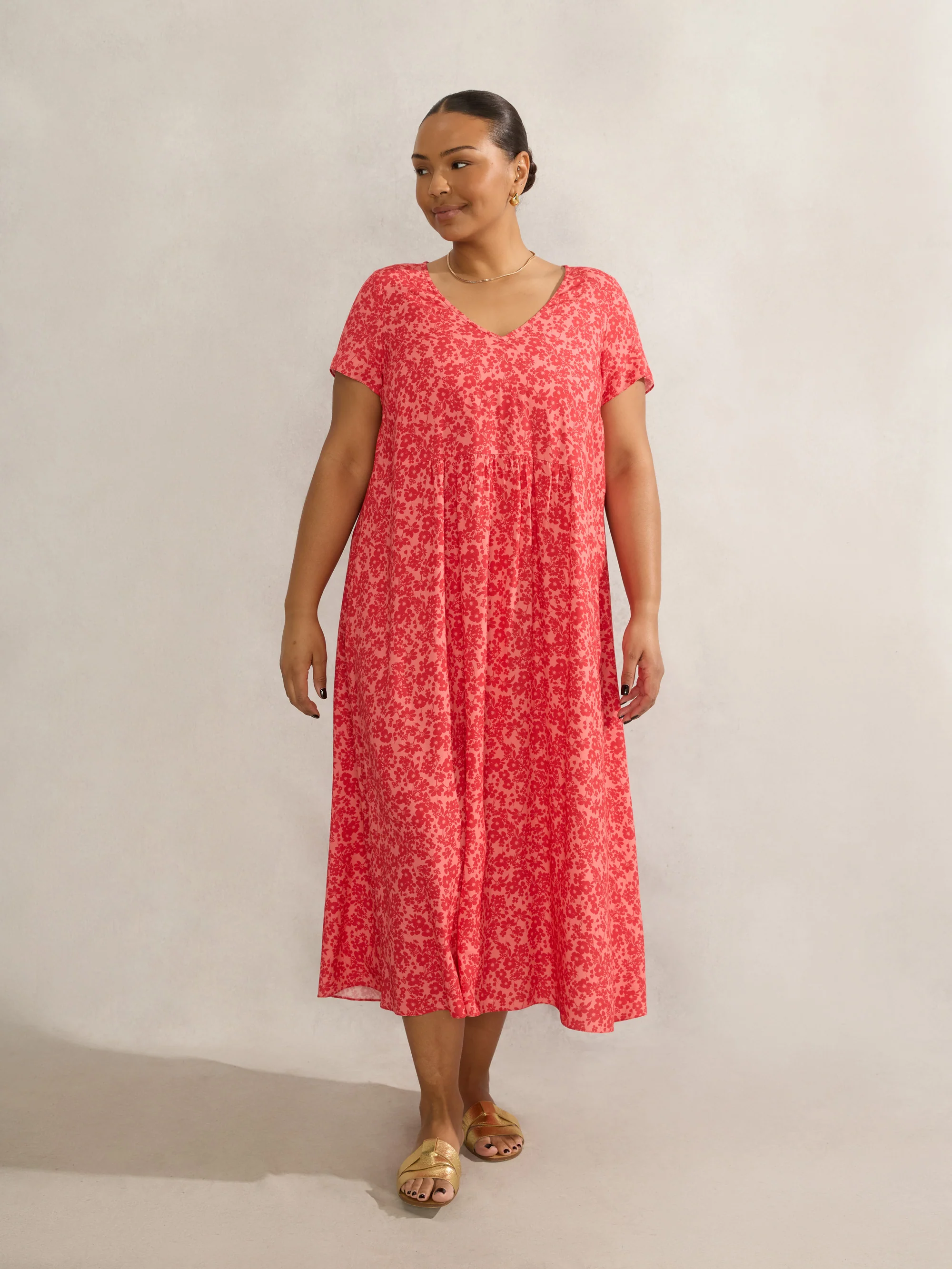 Pink Ditsy Short Sleeve Midi Dress - Image 2