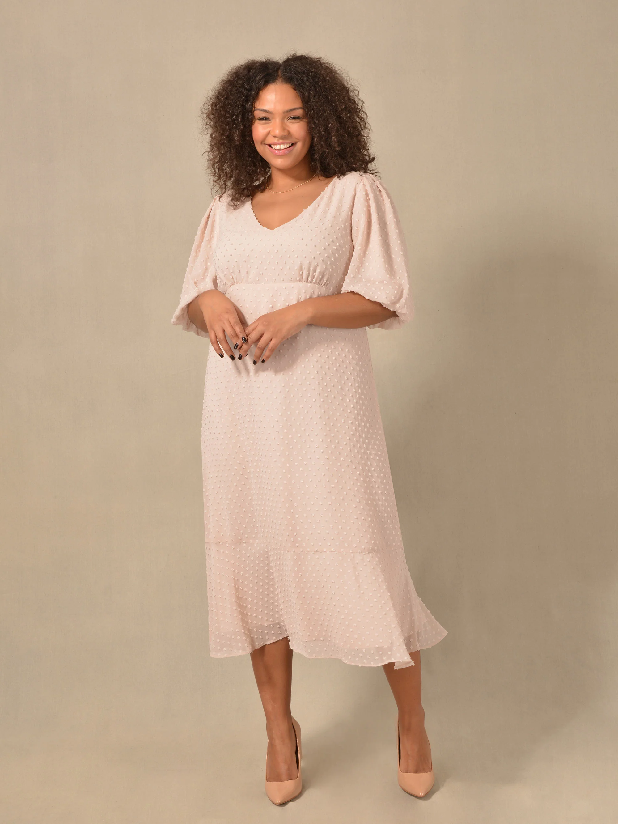 Pink Dobby Texture Short Sleeve Midi Dress - Image 2