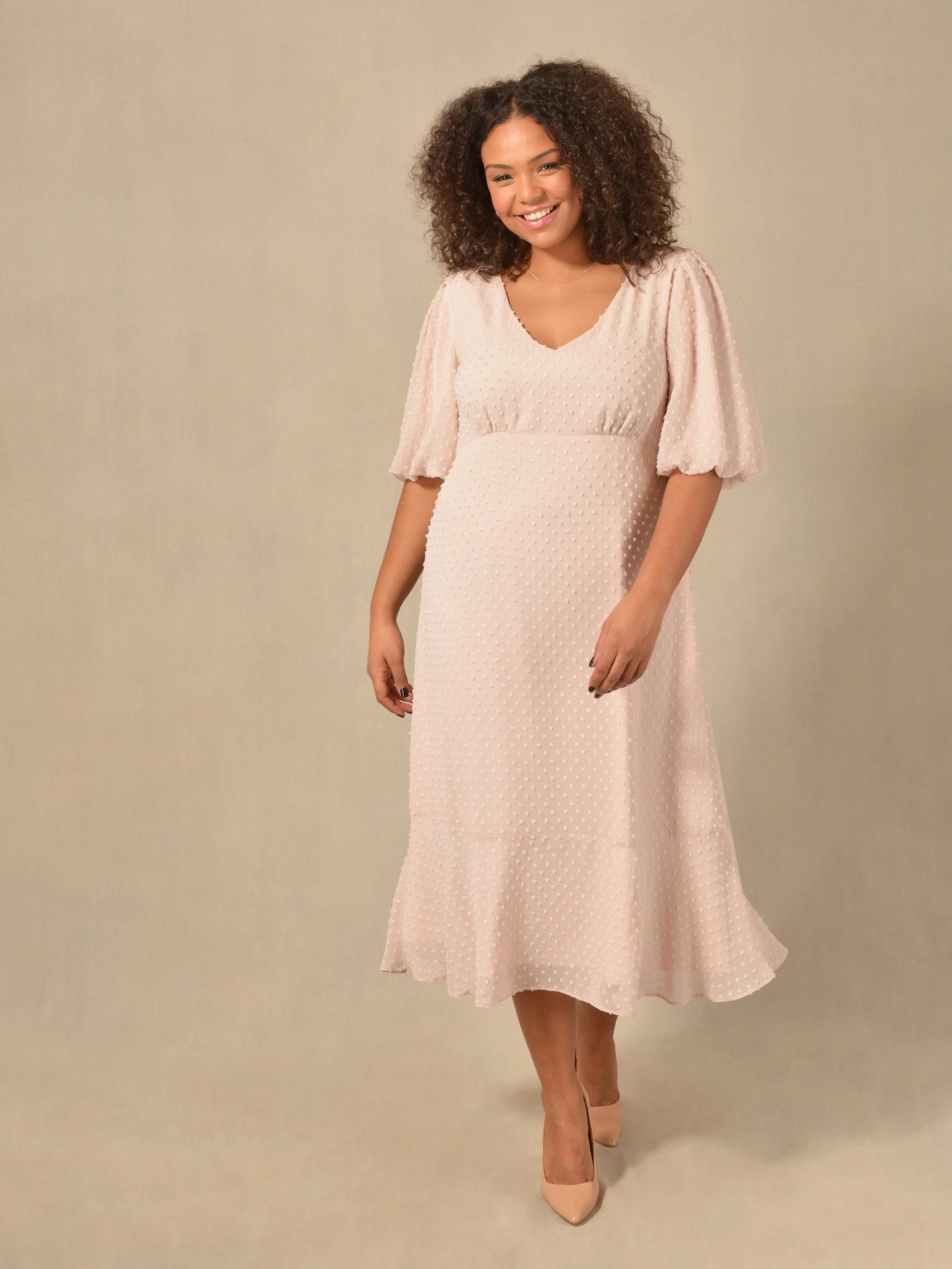 Pink Dobby Texture Short Sleeve Midi Dress - Image 3