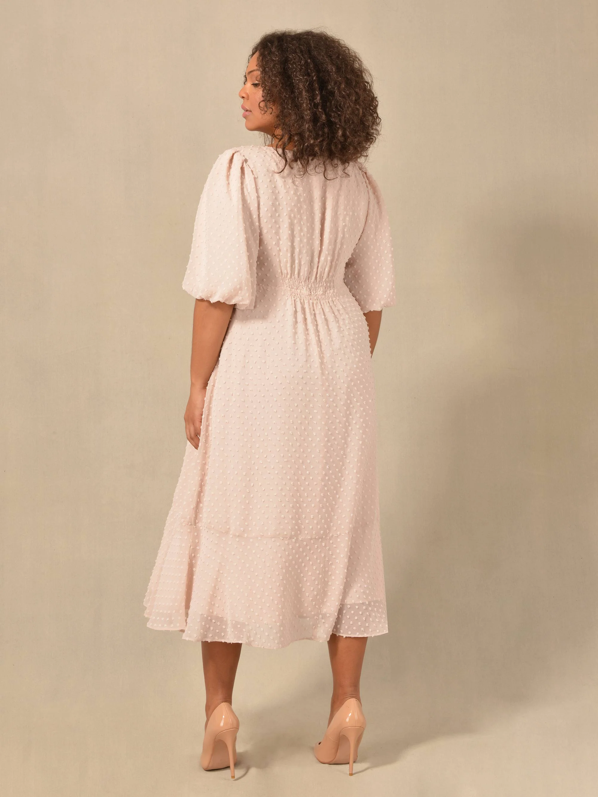 Pink Dobby Texture Short Sleeve Midi Dress - Image 4